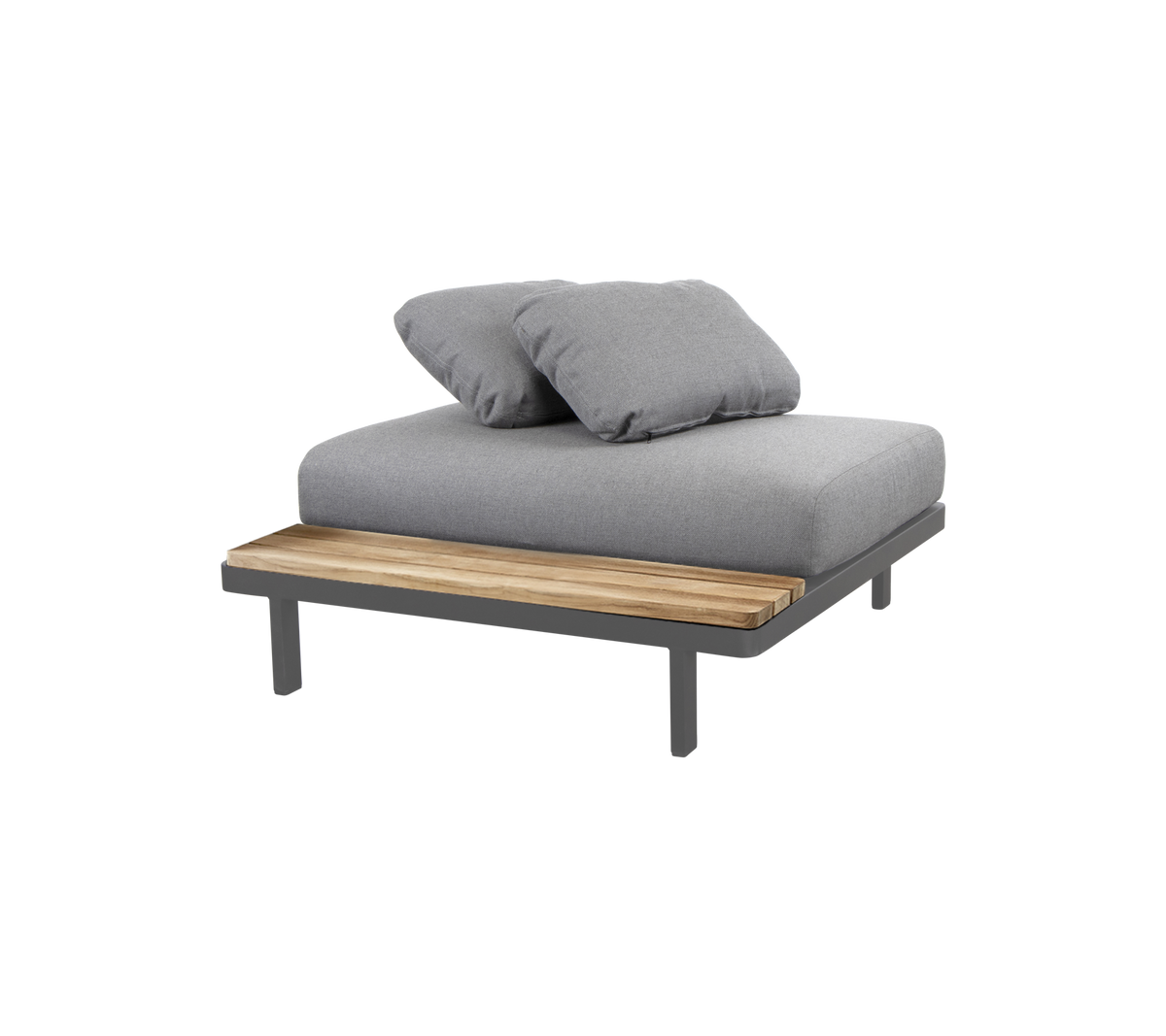 Des sièges de salon élégants avec une surface grise rembourrée et un accent en bois, parfaits pour la détente et le confort.