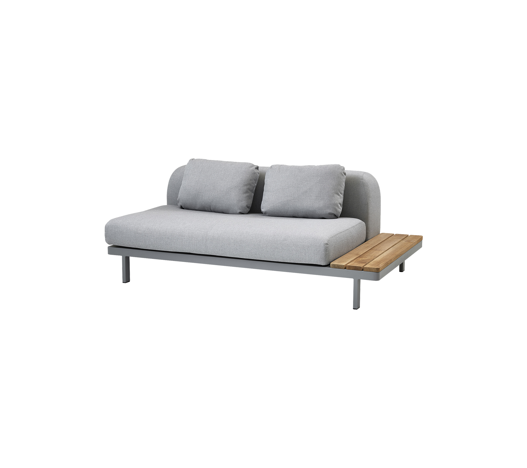 Canapé moderne au design épuré, avec un revêtement en tissu gris doux et une table d'appoint en bois pour plus de fonctionnalité.