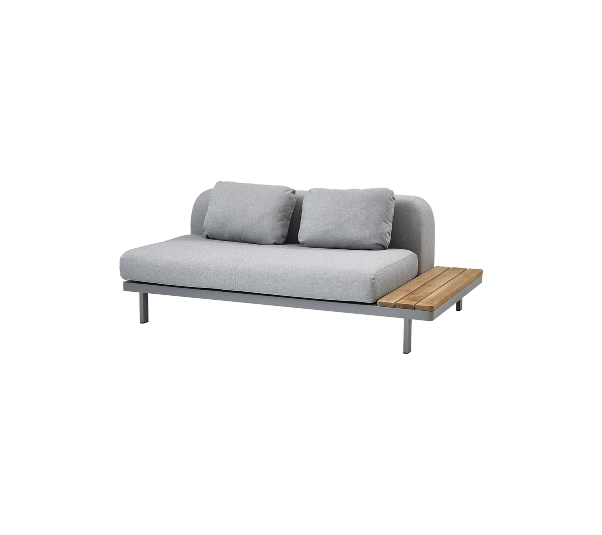 Canapé moderne au design épuré, avec un revêtement en tissu gris doux et une table d'appoint en bois pour plus de fonctionnalité.