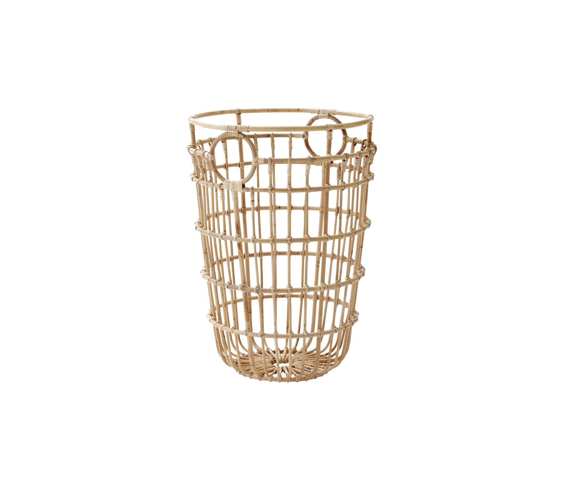 Un panier de rangement en osier fait de matériaux naturels, en forme cylindrique avec un motif en grille et deux poignées pour un transport facile.