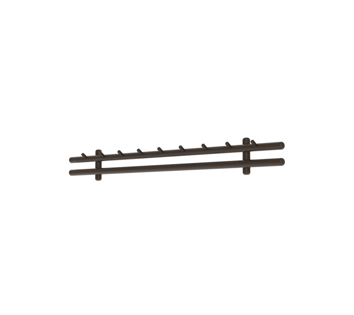 Porte-manteau multihooks de couleur sombre, idéal pour suspendre des objets, avec des crochets espacés uniformément pour la fonctionnalité et l'organisation.