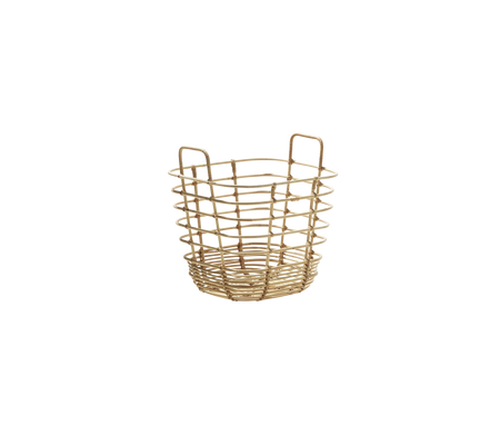 Panier de rangement en osier avec poignées, présentant un design circulaire et un tissage ouvert pour la polyvalence et le style.