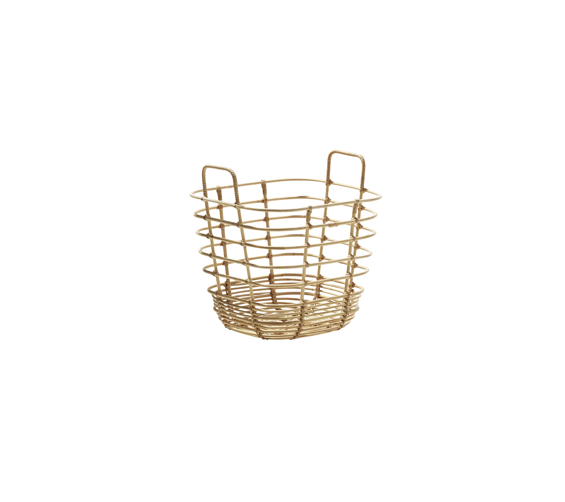 Panier de rangement en osier avec poignées, présentant un design circulaire et un tissage ouvert pour la polyvalence et le style.