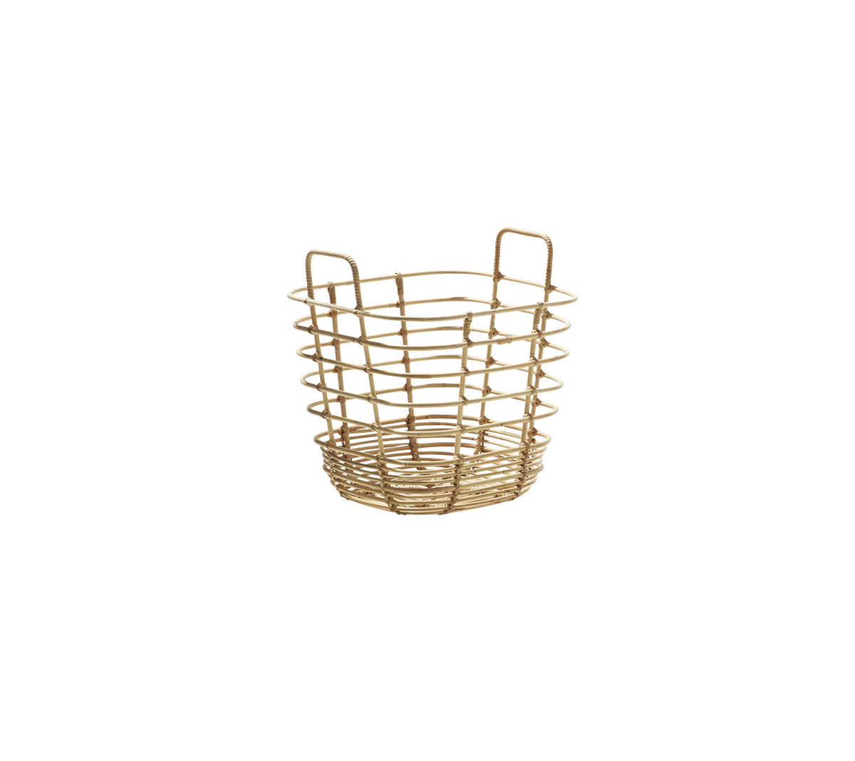 Panier de rangement en osier avec poignées, présentant un design circulaire et un tissage ouvert pour la polyvalence et le style.