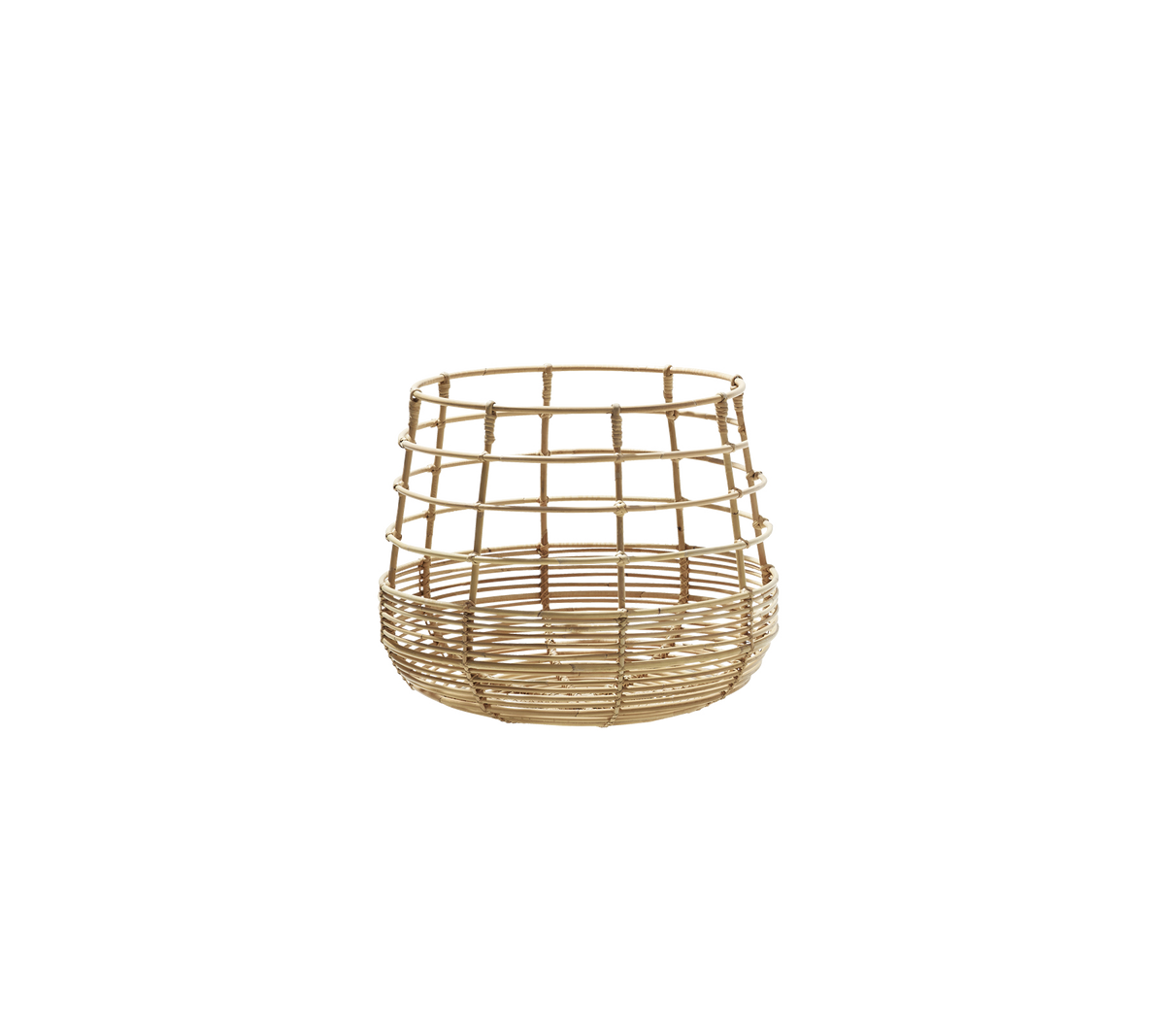 Panier rond tressé en finition naturelle, avec un motif en grille pour un rangement et une organisation élégants.
