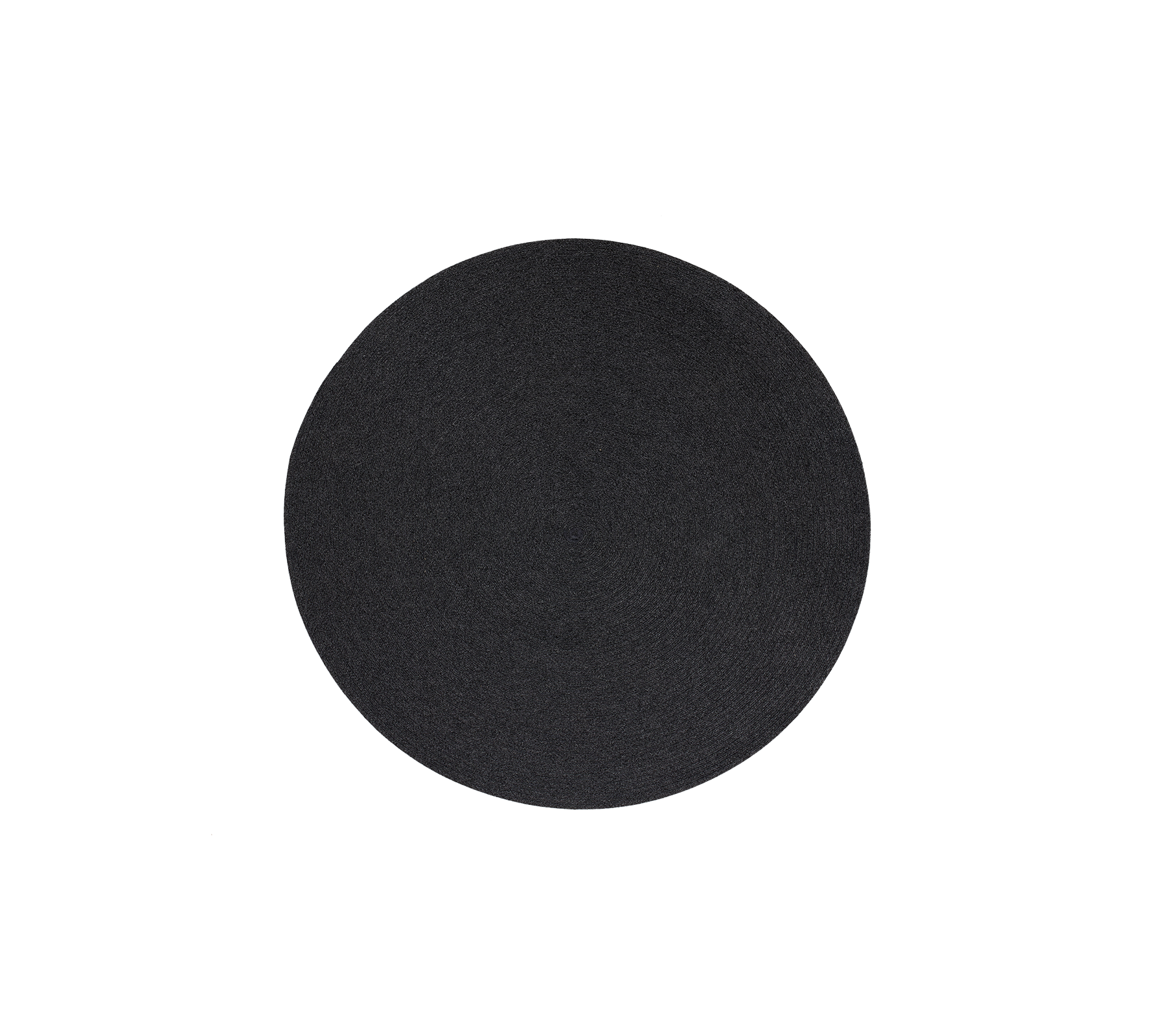 Tapis d'extérieur en forme de cercle gris foncé avec un design tissé plat simple et élégant et un motif en spirale, fabriqué en Cane-line Soft Rope.