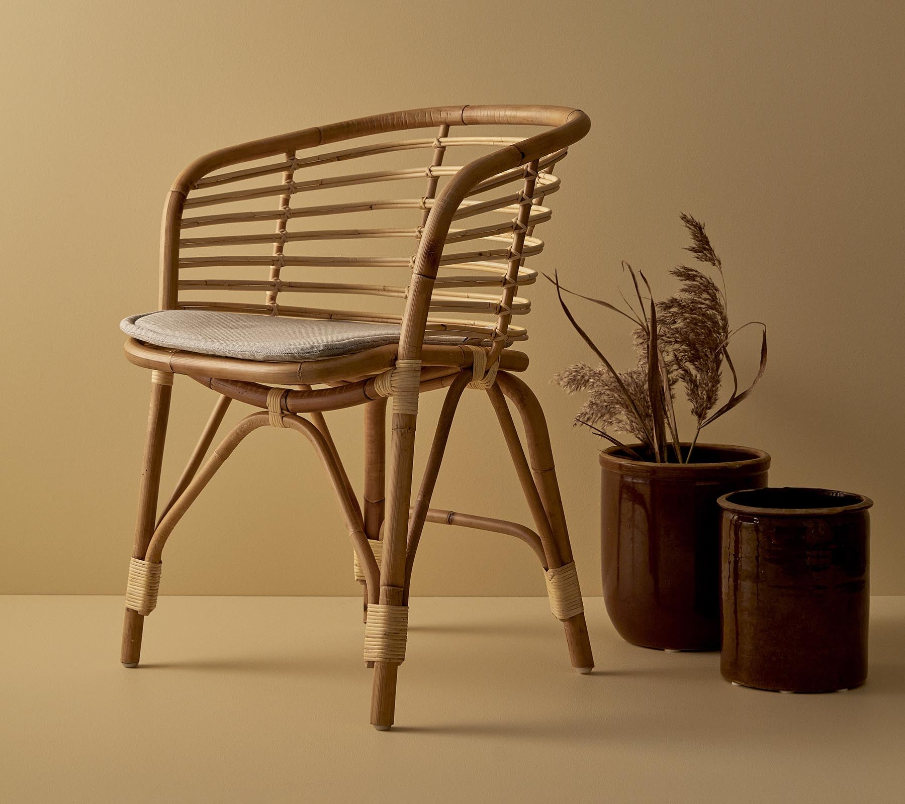 Une chaise en rotin élégante avec un siège rembourré, accompagnée de deux jardinières décoratives avec des plantes séchées.