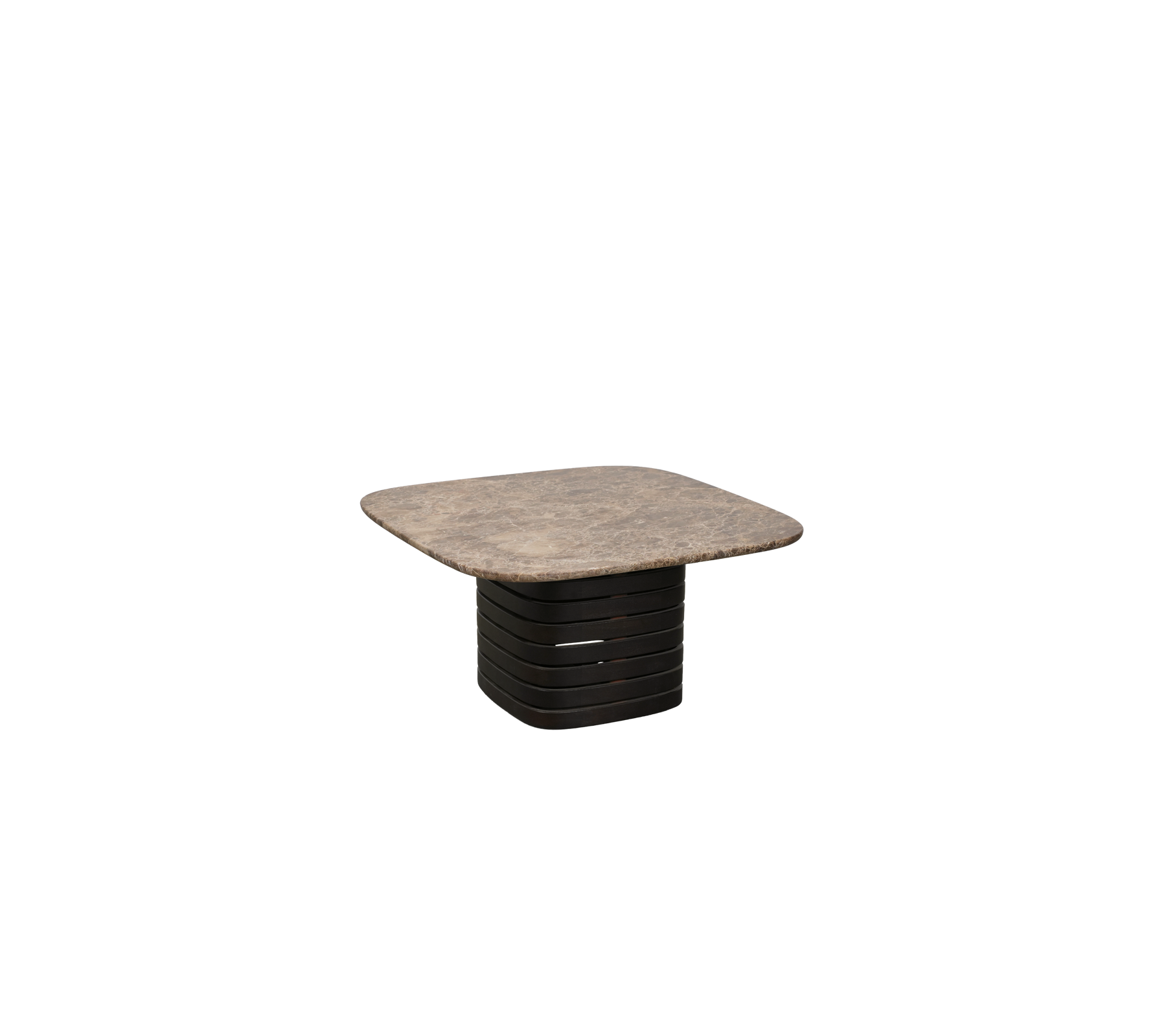 Table brun foncé avec un plateau Emperador dans un design simple.