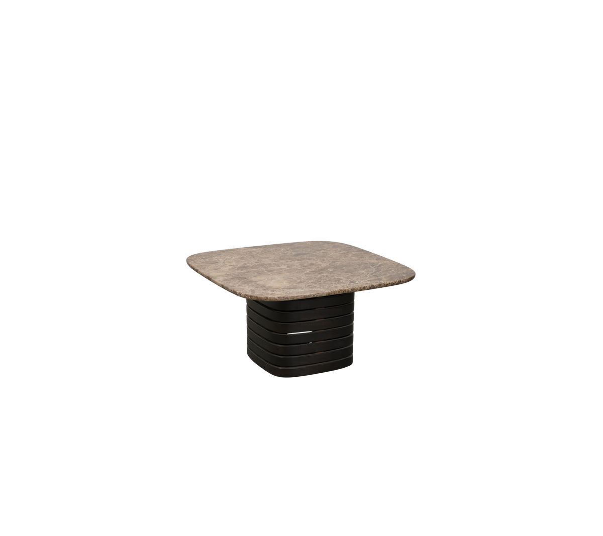 Table brun foncé avec un plateau Emperador dans un design simple.