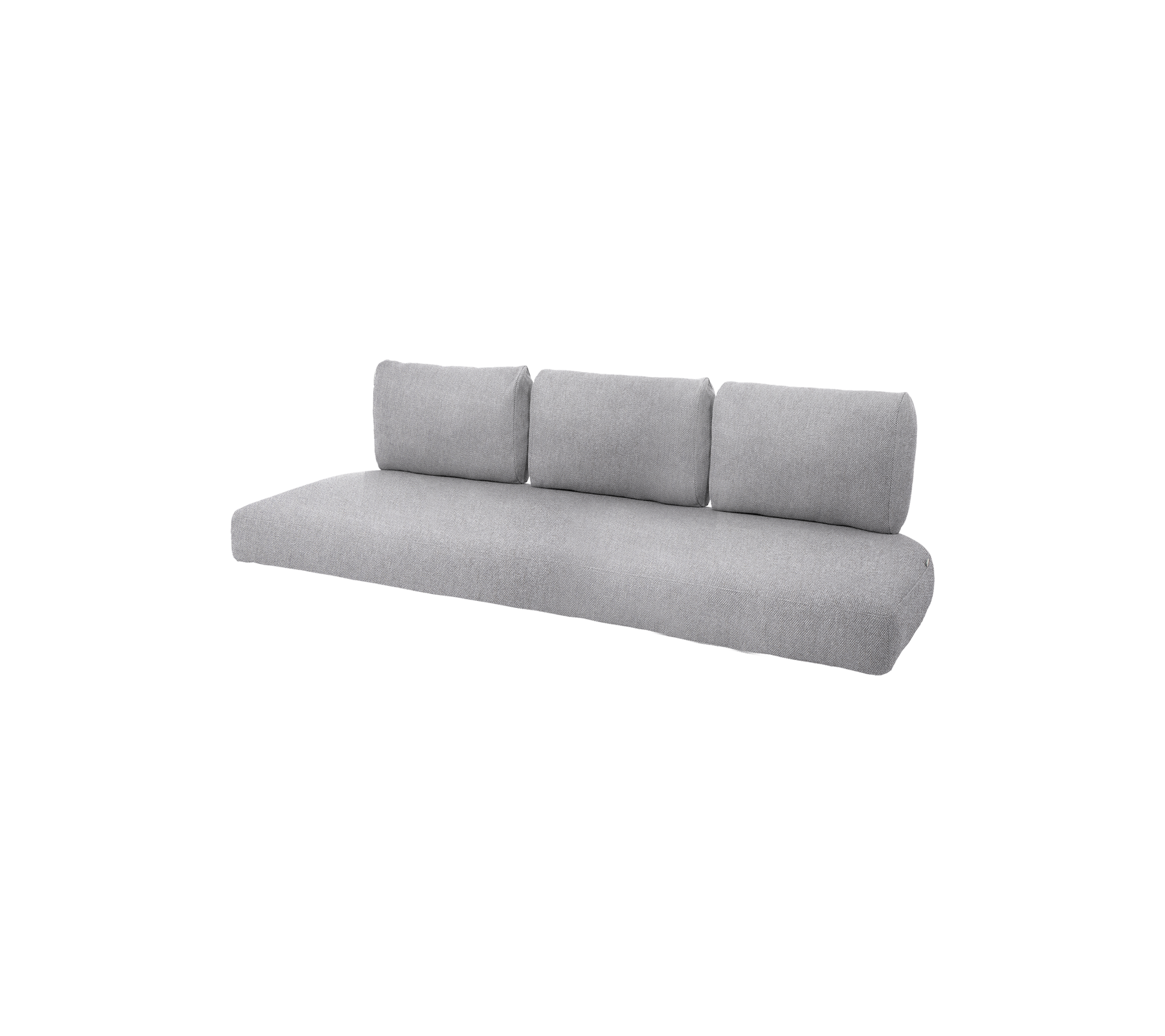 Canapé gris contemporain avec trois coussins de dos en peluche, offrant un design épuré et minimaliste pour une décoration moderne.