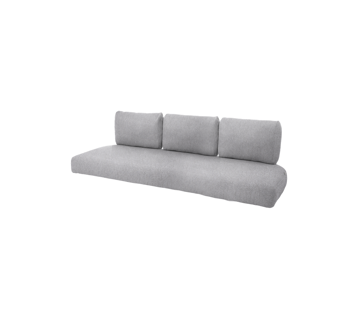 Canapé gris contemporain avec trois coussins de dos en peluche, offrant un design épuré et minimaliste pour une décoration moderne.
