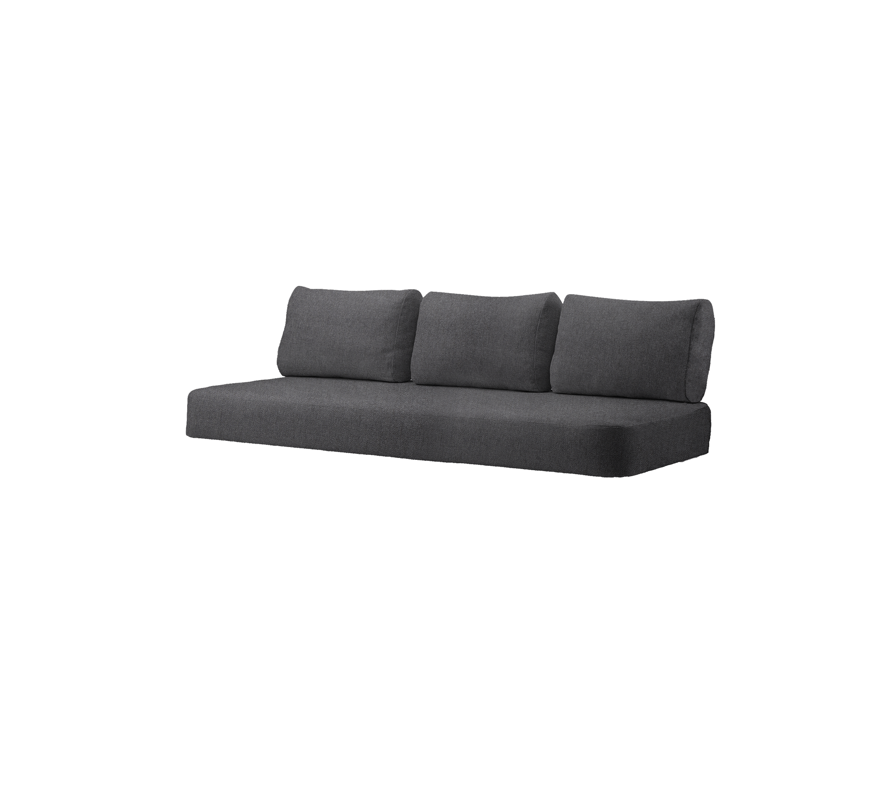Canapé moderne gris foncé avec trois coussins, conçu pour des espaces de vie contemporains. Confort et style combinés.
