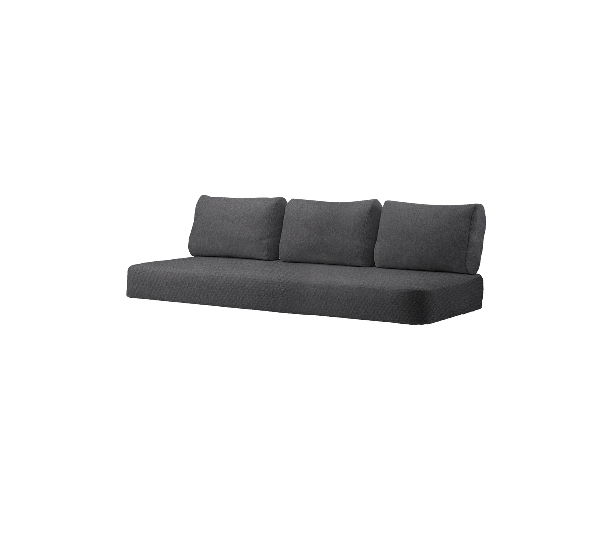 Canapé moderne gris foncé avec trois coussins, conçu pour des espaces de vie contemporains. Confort et style combinés.