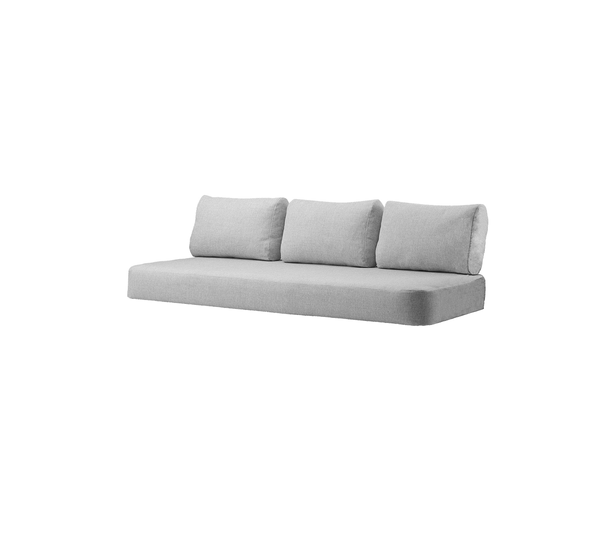 Canapé gris clair avec trois coussins moelleux, présentant un design minimaliste adapté à divers styles d'intérieur.