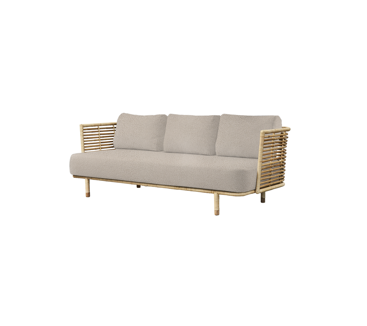 Canapé élégant avec un coussin gris clair, des accents en bois naturel et des détails distinctifs sur les accoudoirs, parfait pour une décoration moderne.