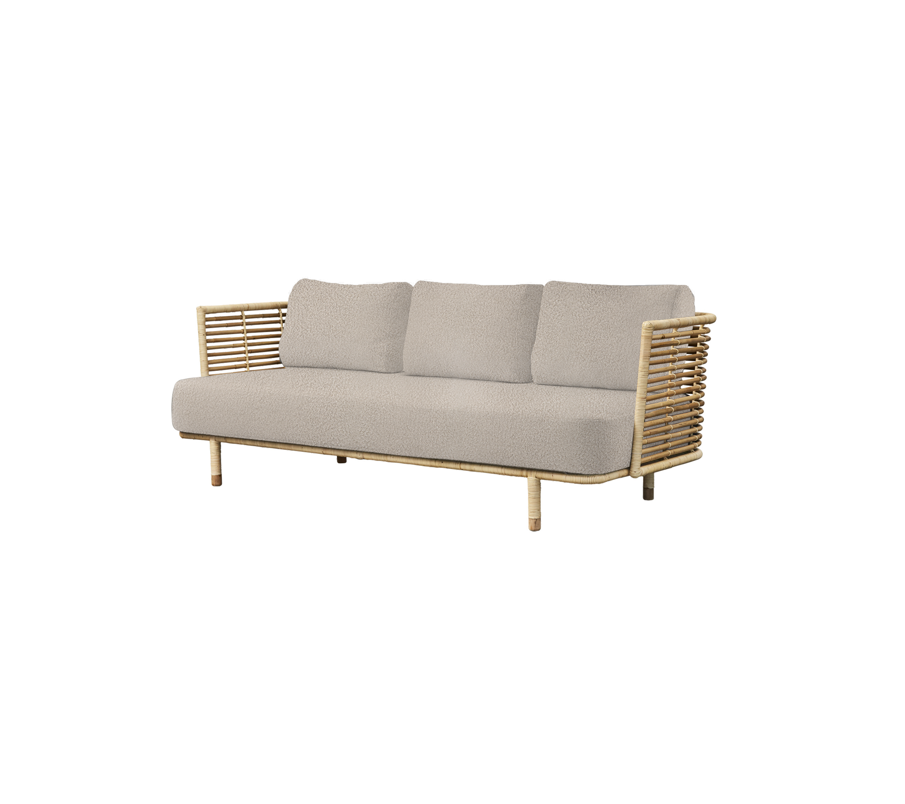 Canapé élégant avec un coussin gris clair, des accents en bois naturel et des détails distinctifs sur les accoudoirs, parfait pour une décoration moderne.