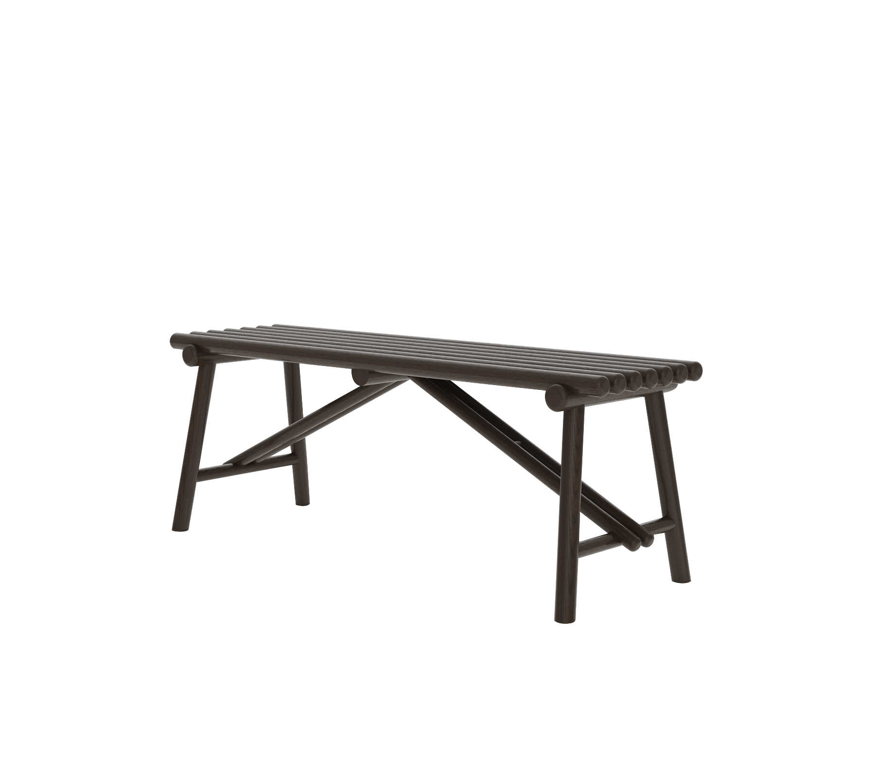 Un banc en bois simple, brun foncé, au design robuste, avec un dessus à lattes et des pieds inclinés.