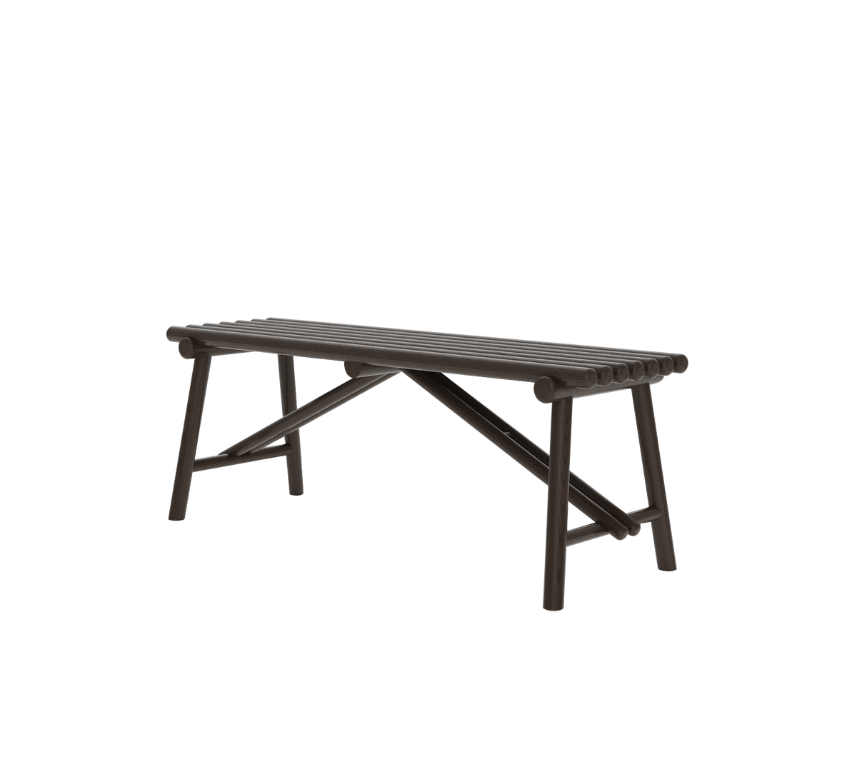 Un banc en bois simple, brun foncé, au design robuste, avec un dessus à lattes et des pieds inclinés.