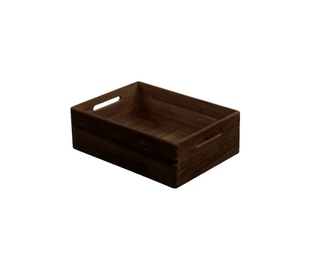 Caisse marron foncé avec des poignées découpées.