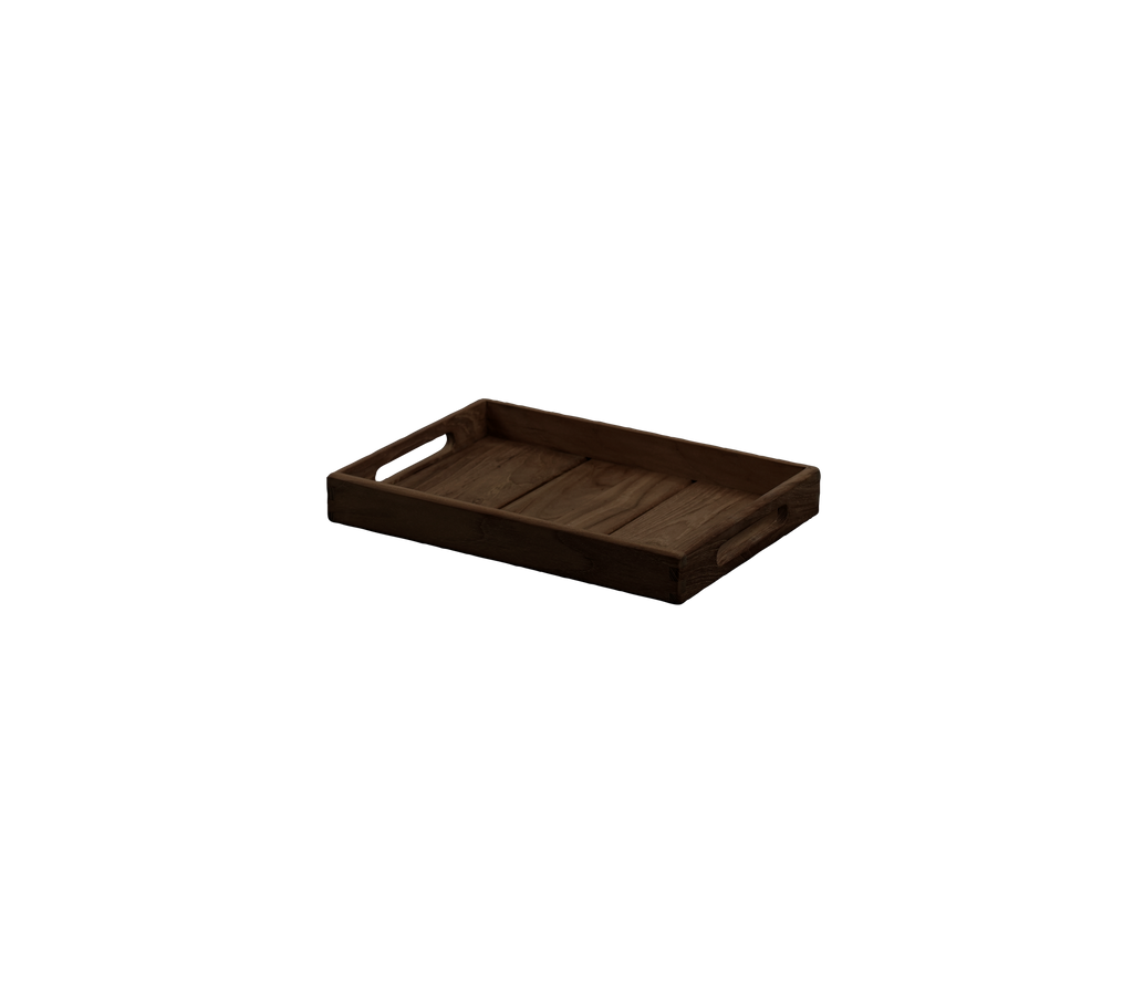 Plateau marron foncé avec poignées, présentant un design simple.