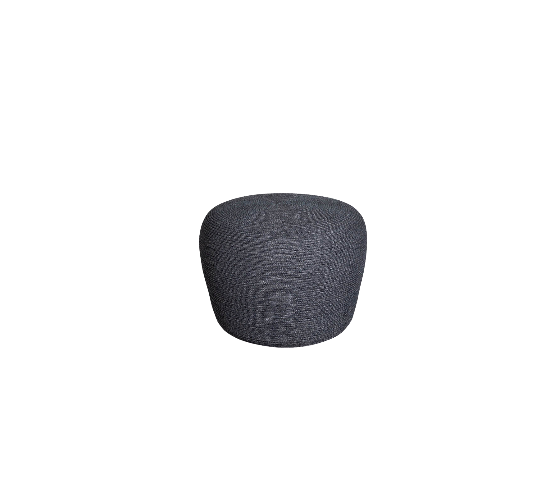 Pouf rond et rembourré en tissu gris foncé, conçu pour un siège polyvalent ou pour accentuer la décoration.
