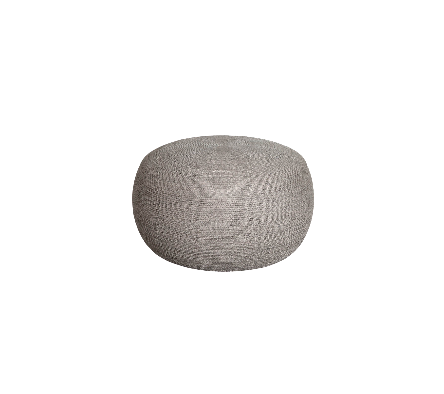 Pouf ronde et texturée de couleur gris doux, idéale pour un siège d'accent ou comme élément décoratif dans divers espaces.