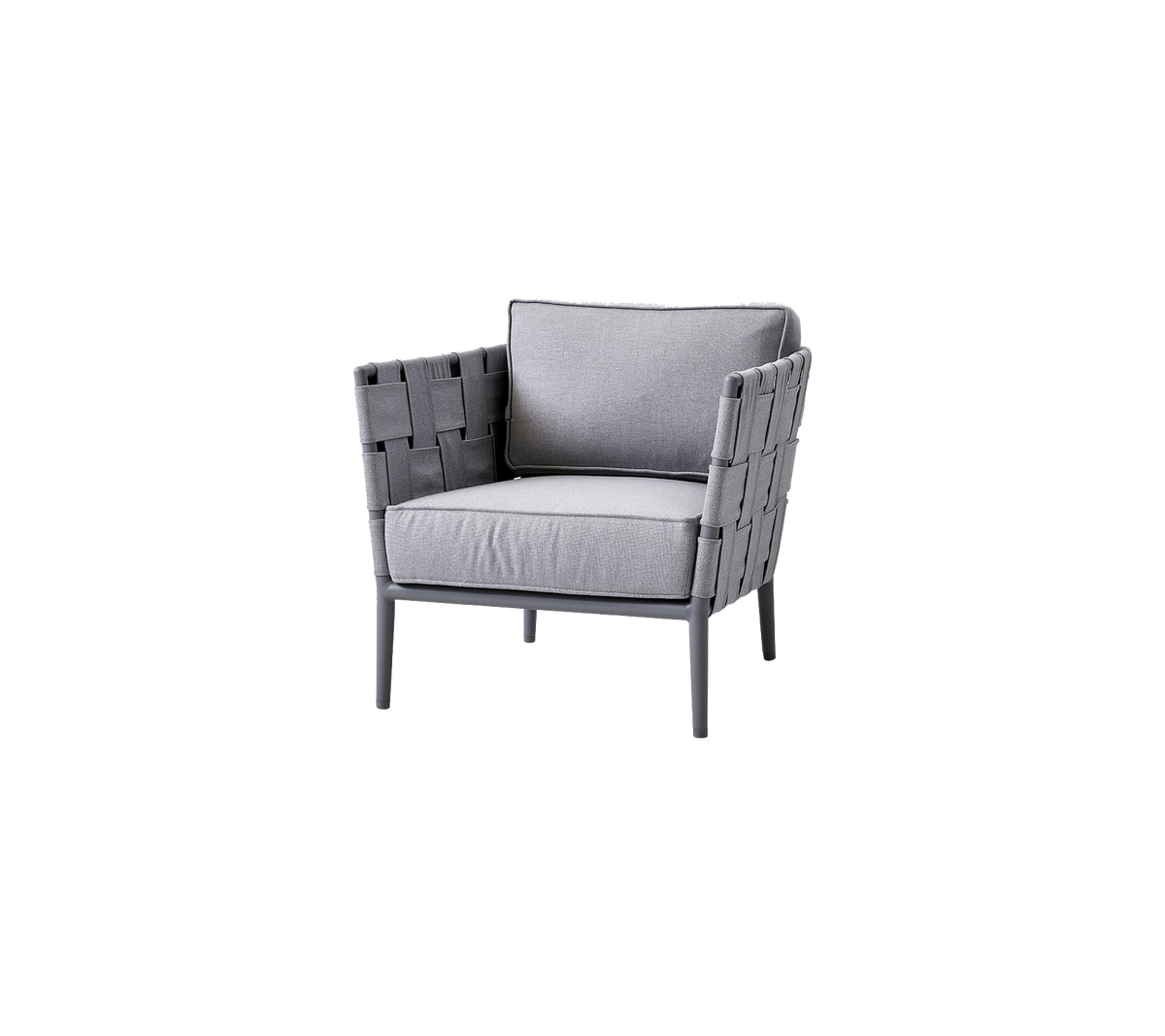 Fauteuil gris élégant avec des détails tissés et des coussins doux, conçu pour le confort et l'esthétique moderne. Parfait pour tout cadre.