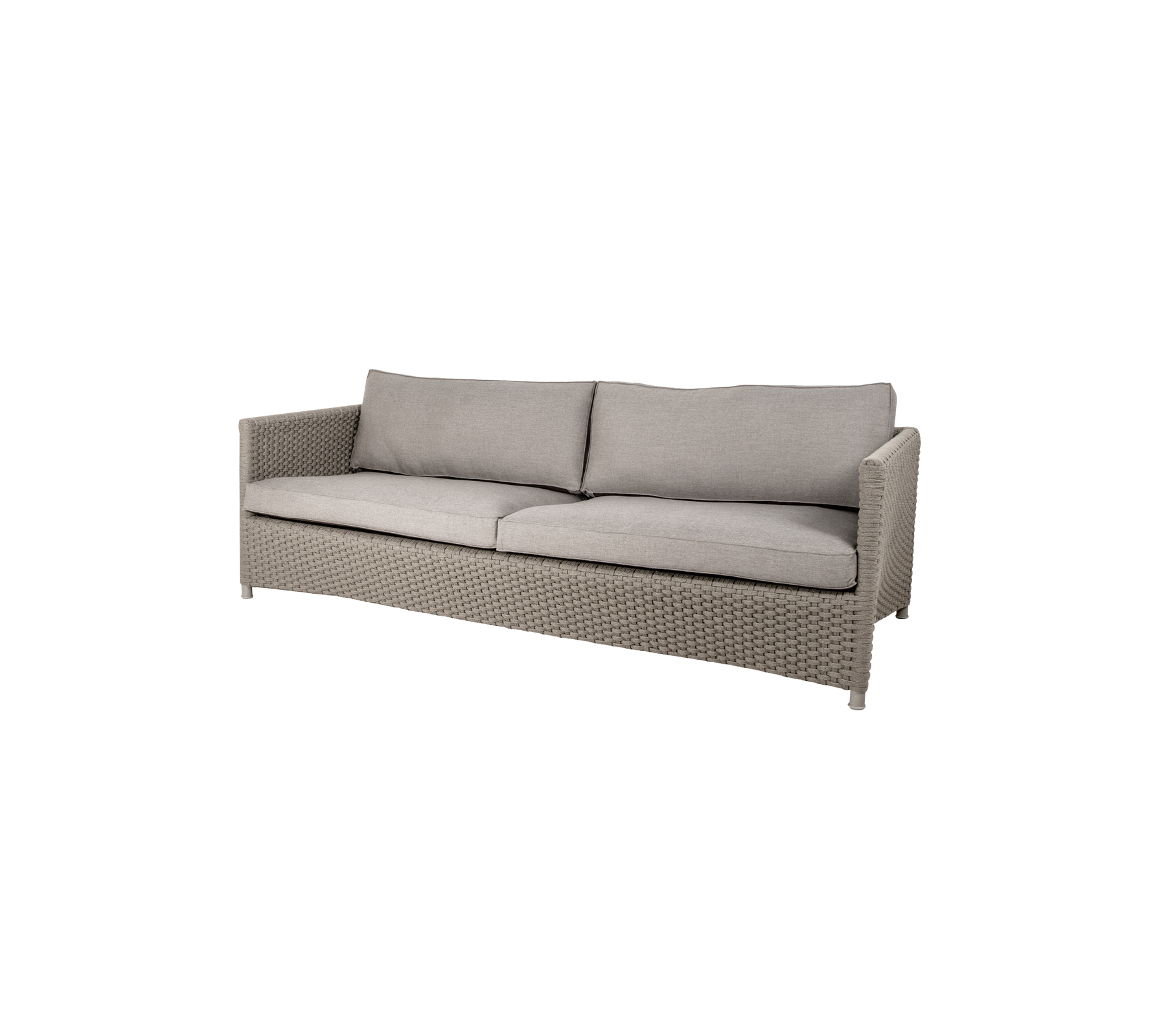 Canapé élégant et moderne avec un coussin gris clair et une texture tissée, offrant un confort d'assise pour plusieurs personnes.