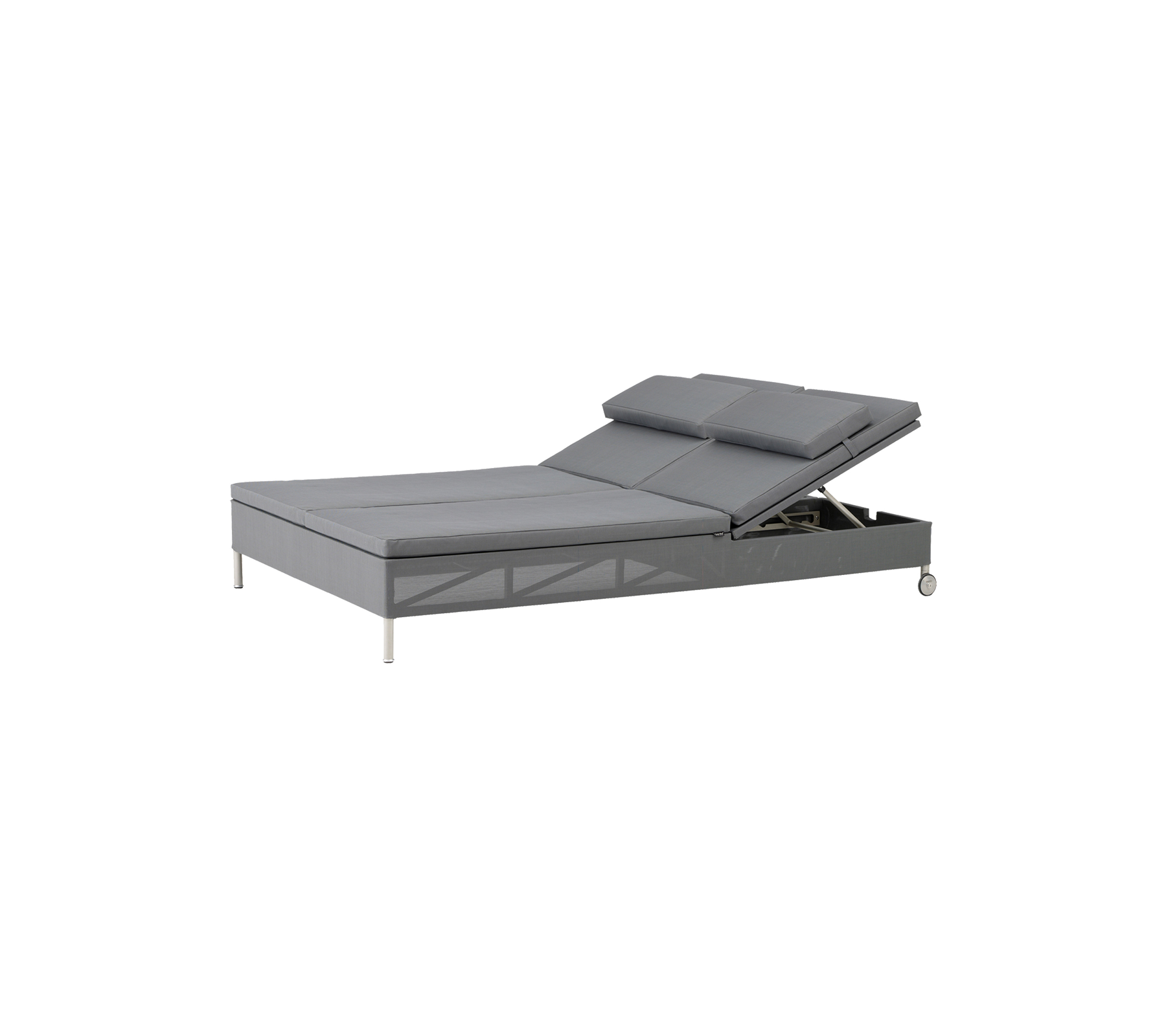 Cadre de lit réglable avec un design gris élégant, doté de deux sections de tête surélevées pour un confort et un soutien personnalisés.