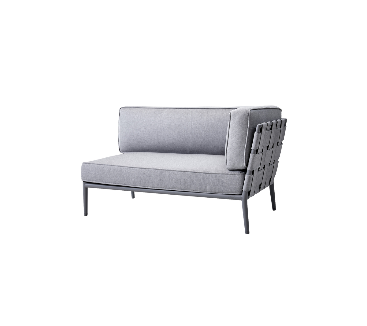 Fauteuil moderne gris au design épuré et au dossier tissé, parfait pour un assise élégante dans divers environnements.