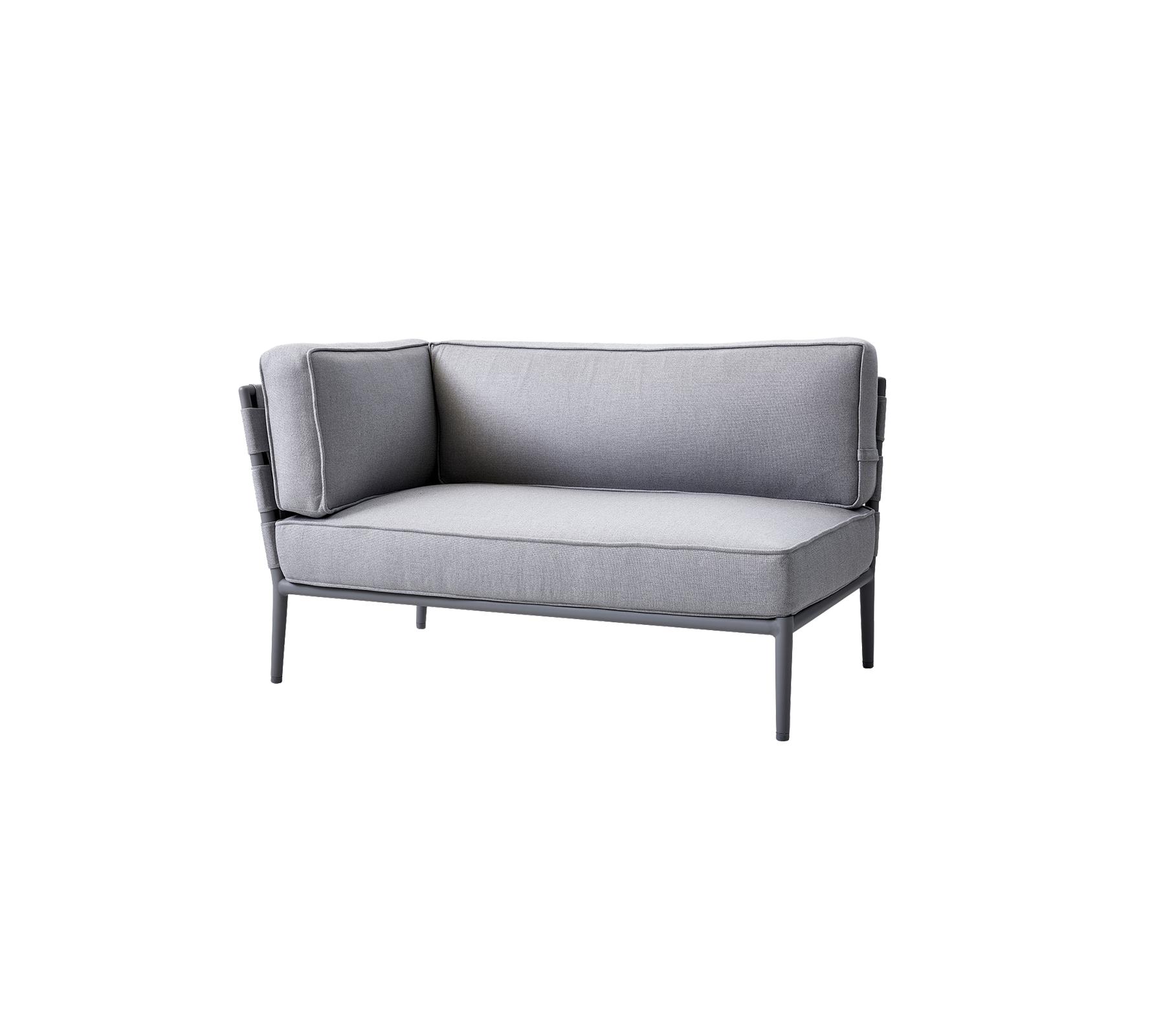 Canapé deux places gris avec des coussins en peluche et un cadre en métal élégant, conçu pour le confort et l'esthétique moderne.