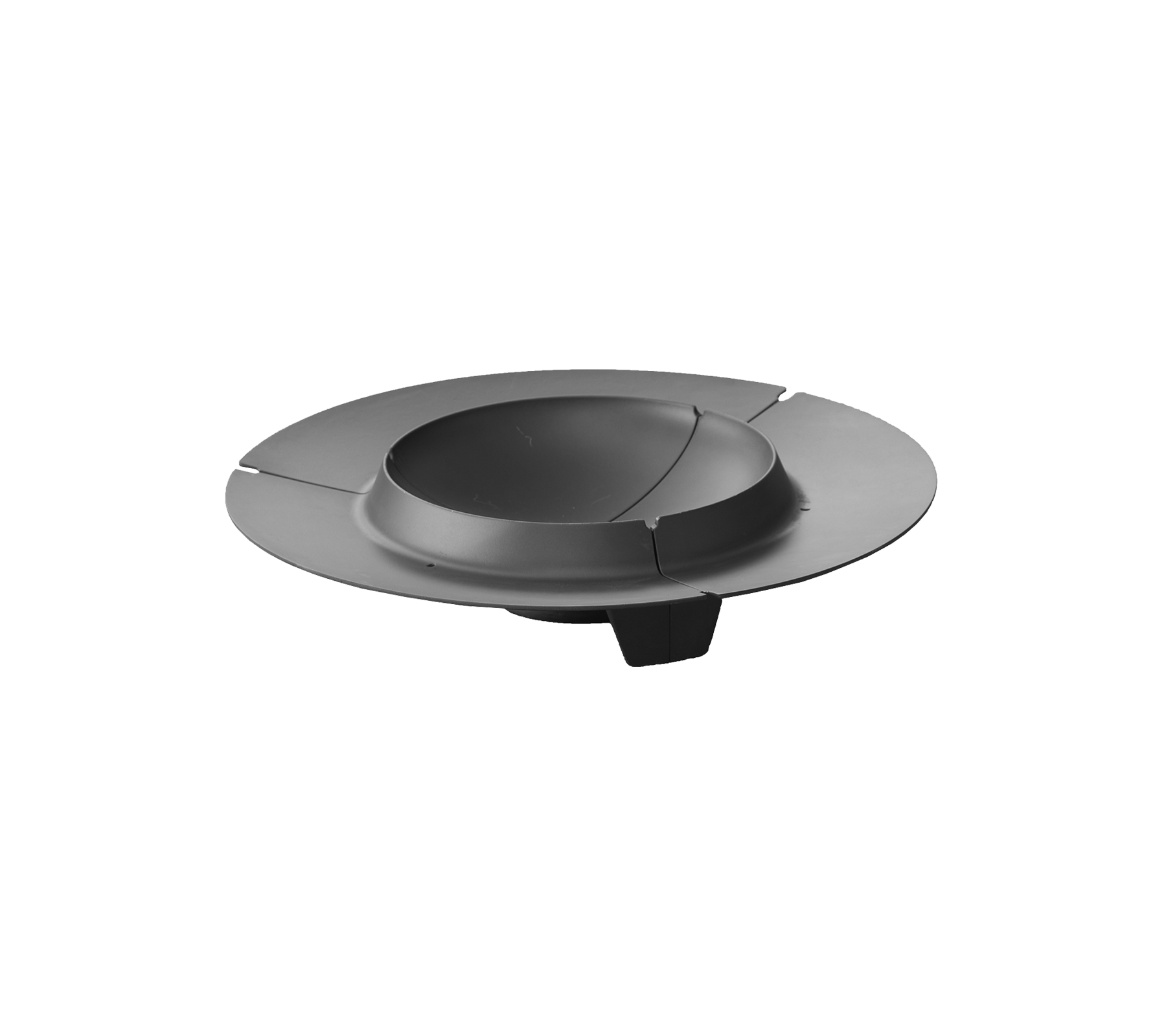 Un appareil noir, circulaire et élégant avec une section concave centrale et trois segments prolongés autour du bord.