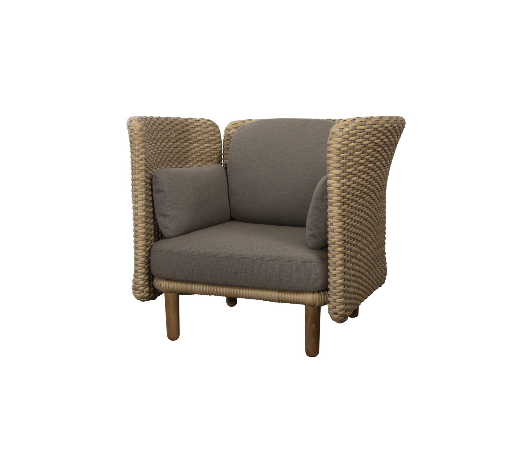 Fauteuil élégant avec des côtés tissés et un coussin d'assise en peluche, parfait pour le confort et l'esthétique du design moderne.