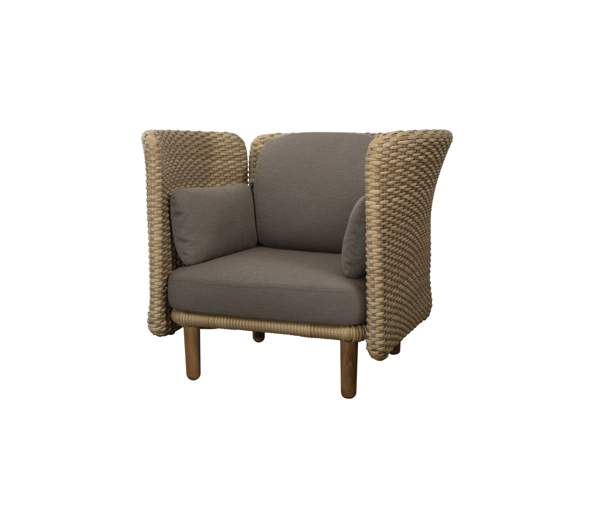 Fauteuil élégant avec des côtés tissés et un coussin d'assise en peluche, parfait pour le confort et l'esthétique du design moderne.