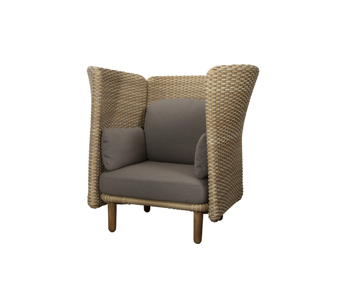 Fauteuil élégante avec un design tissé et des coussins gris moelleux, avec des côtés hauts pour plus de confort et d'intimité.