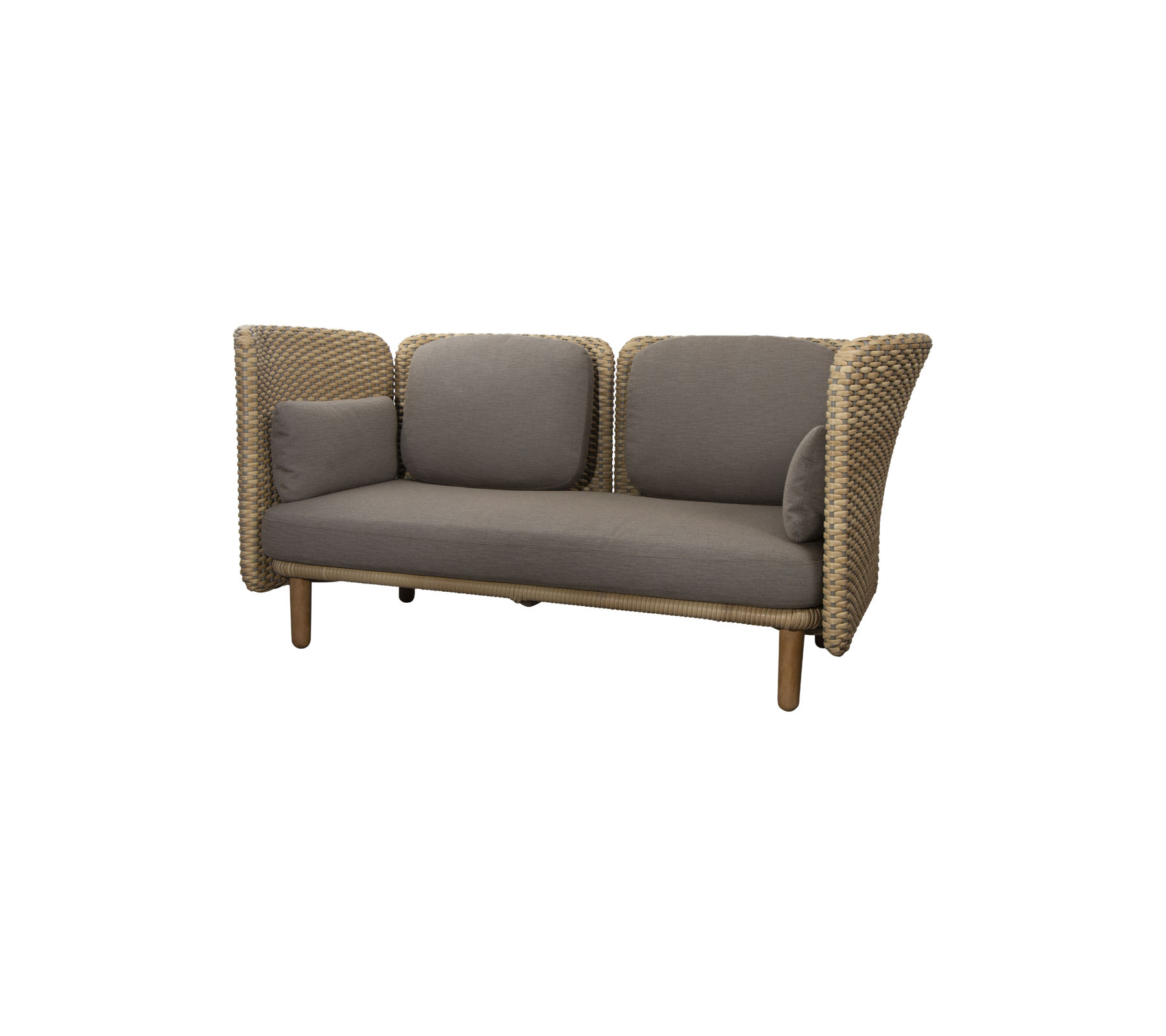 Canapé confortable au design tissé, avec des coussins gris moelleux et des panneaux latéraux de soutien. Idéal pour des espaces de sièges modernes.