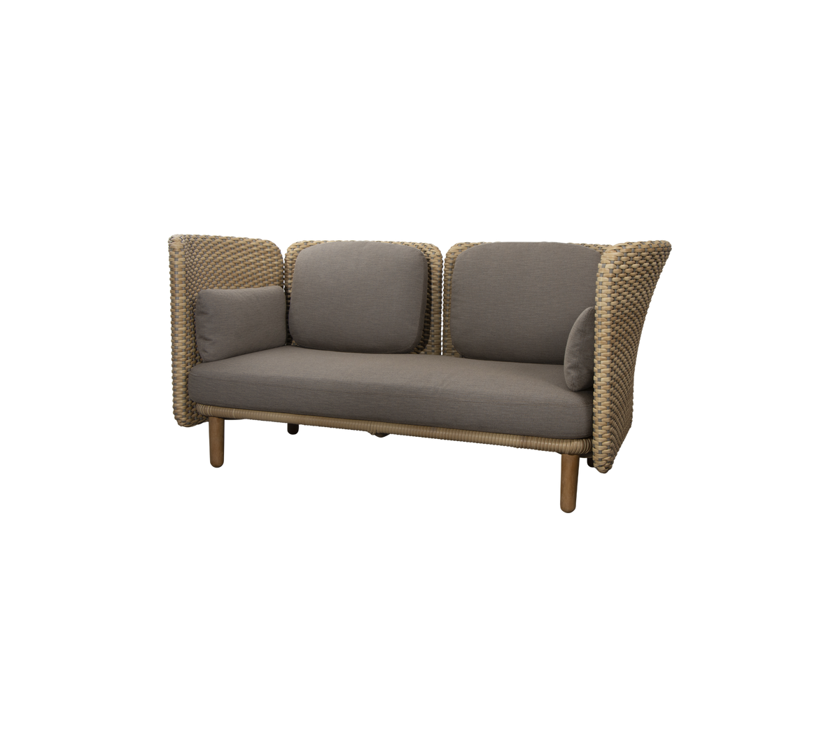 Canapé confortable au design tissé, avec des coussins gris moelleux et des panneaux latéraux de soutien. Idéal pour des espaces de sièges modernes.