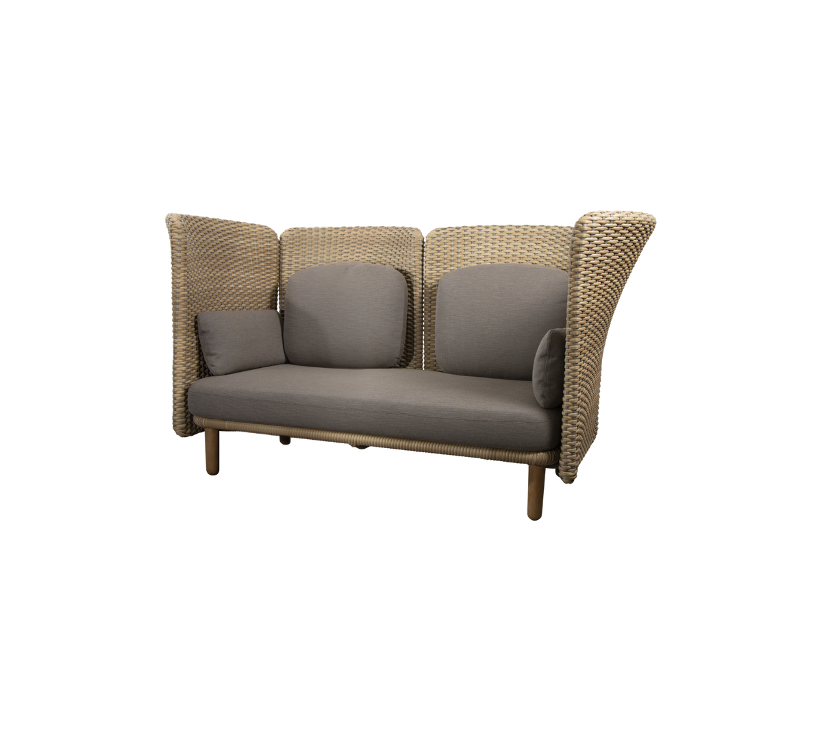 Canapé lounge élégant avec des côtés tissés et des coussins gris en peluche, conçu pour le confort et l'attrait esthétique moderne.