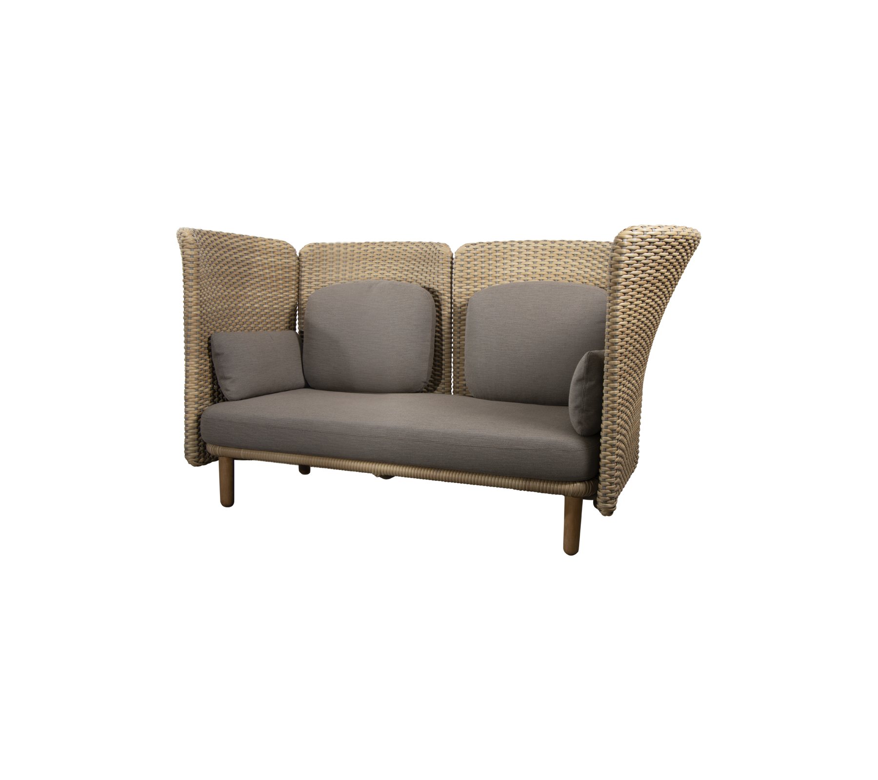 Canapé lounge élégant avec des côtés tissés et des coussins gris en peluche, conçu pour le confort et l'attrait esthétique moderne.