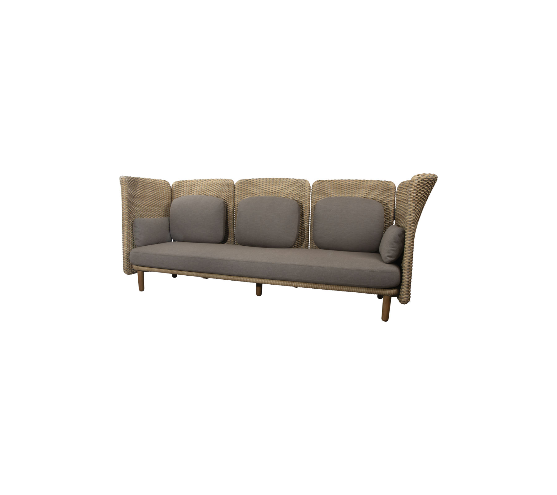 Canapé trois places élégant avec un design tissé et des coussins gris, parfait pour les espaces de vie modernes.