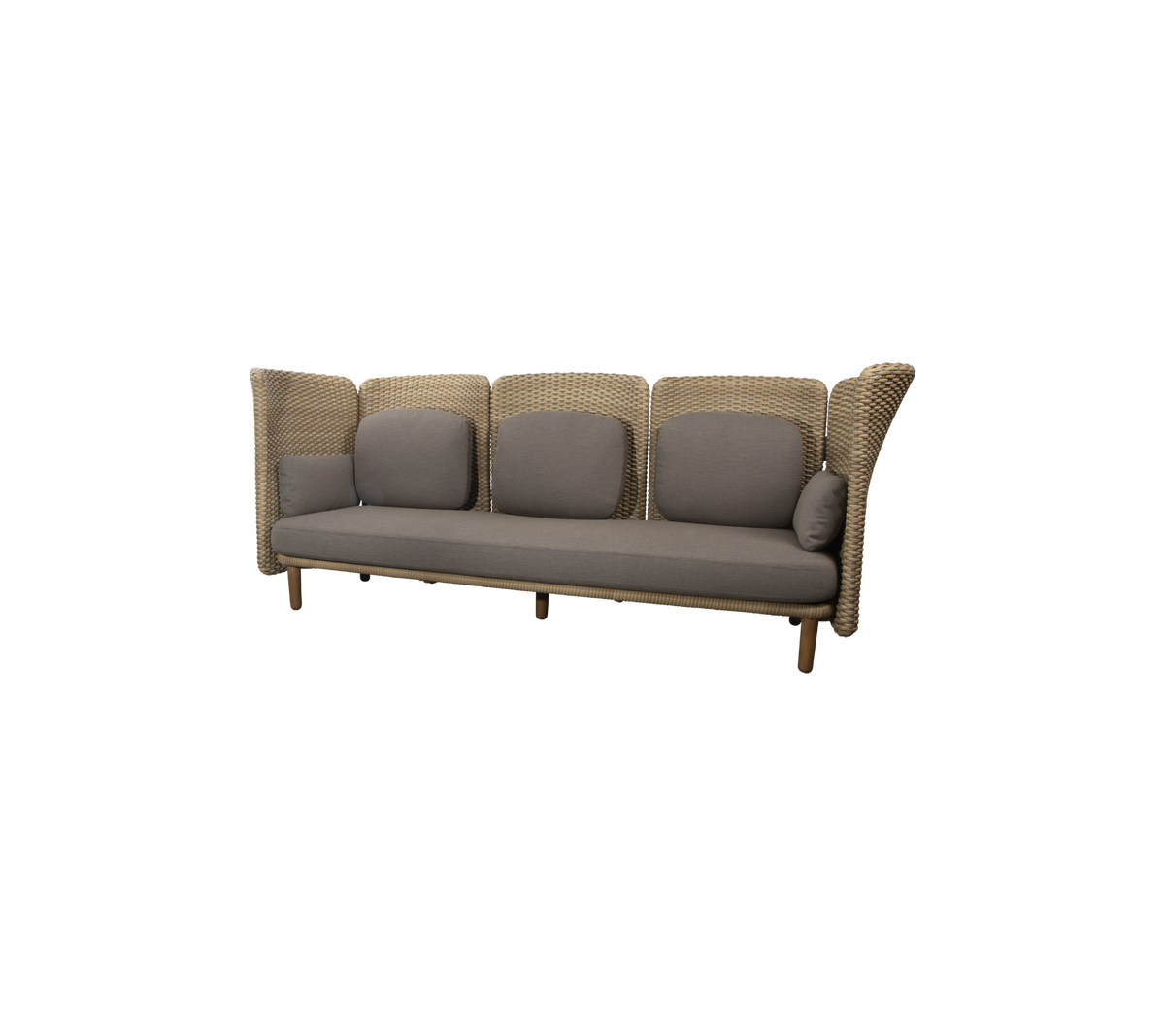 Canapé trois places élégant avec un design tissé et des coussins gris, parfait pour les espaces de vie modernes.