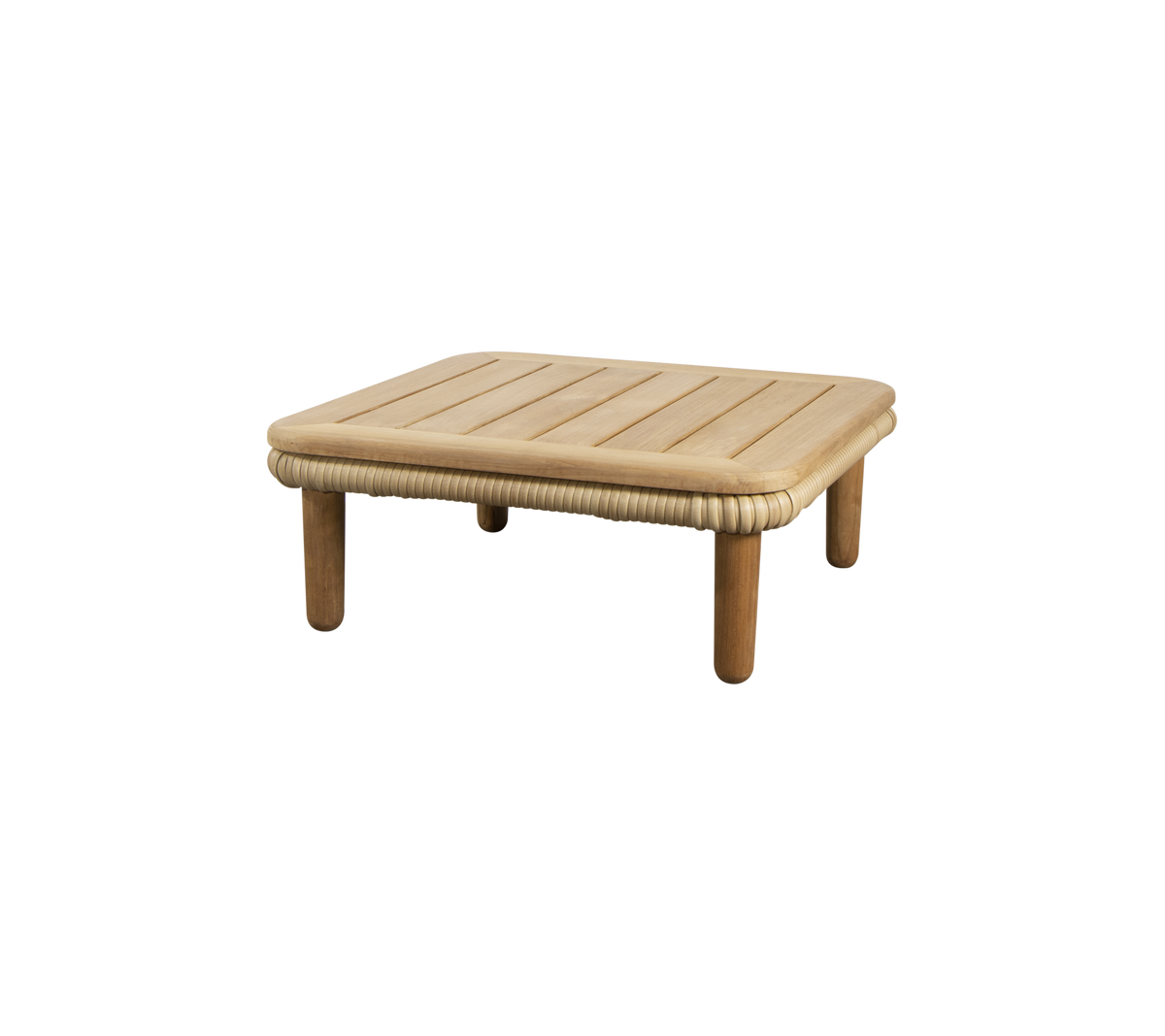 Une table simple et carrée avec un plateau à lattes et des bords arrondis, soutenue par quatre pieds robustes. Parfaite pour divers environnements.