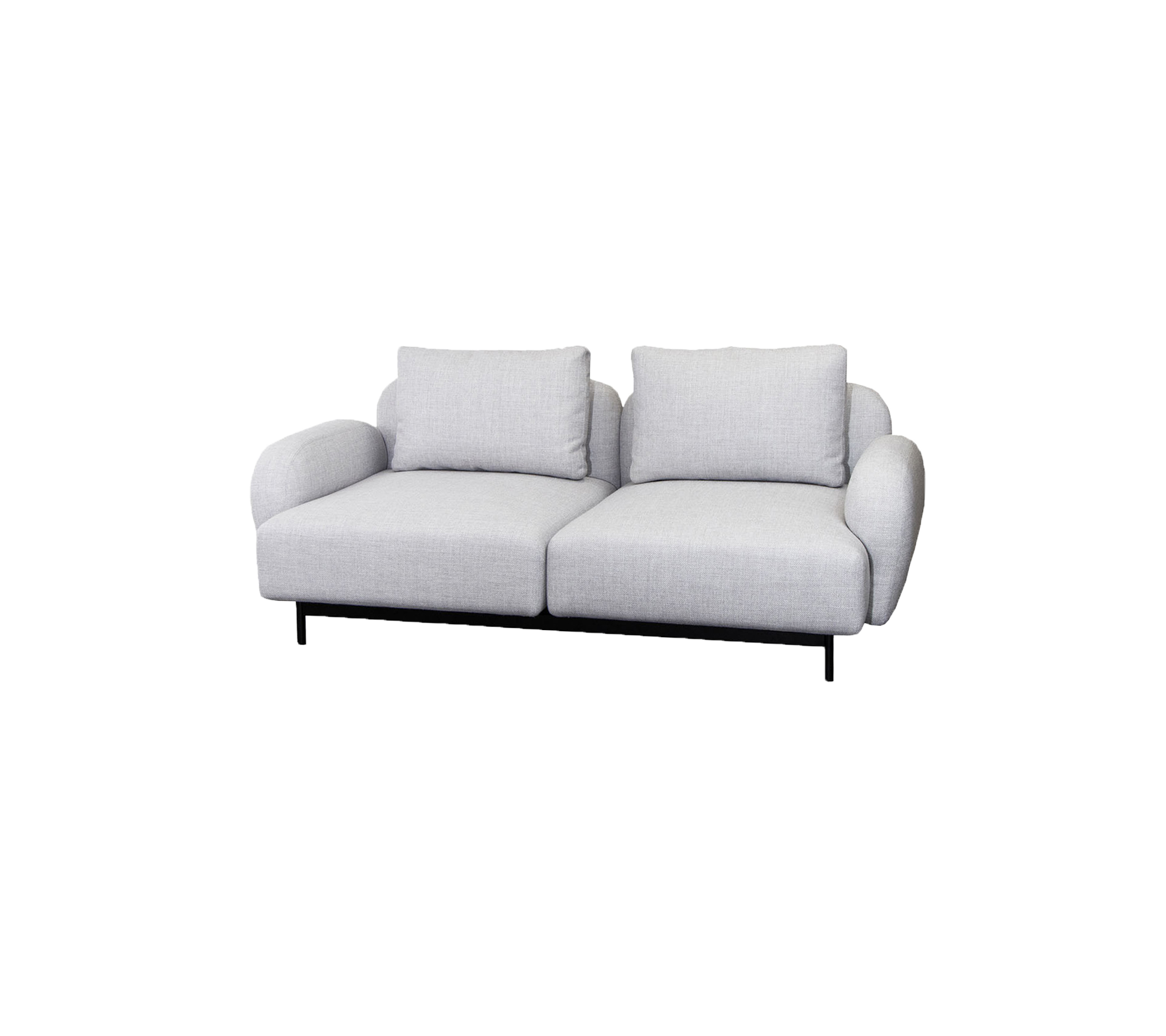 Un canapé moderne deux places en tissu gris clair avec des coussins moelleux et une base noire élégante, offrant confort et style.
