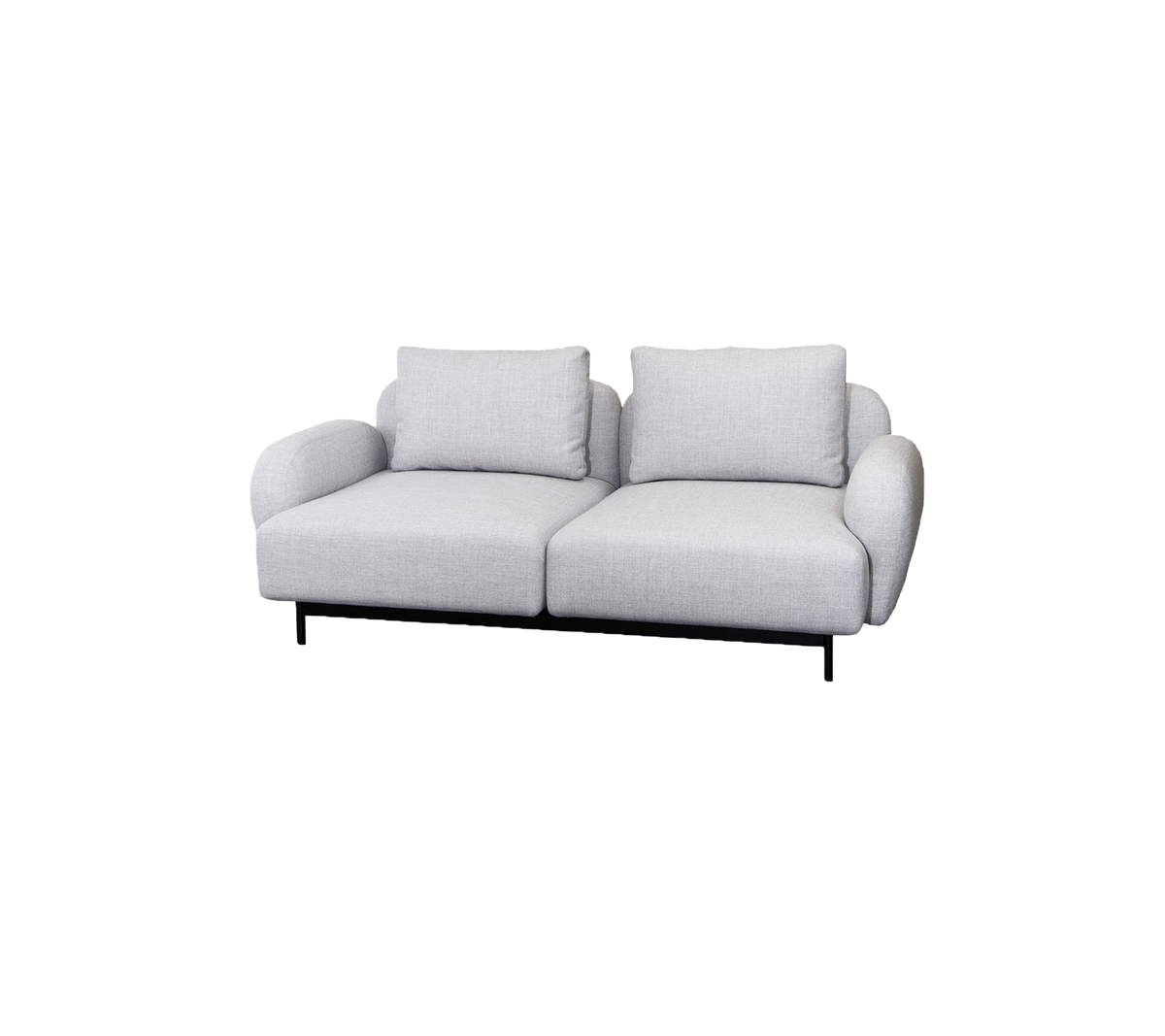 Un canapé moderne deux places en tissu gris clair avec des coussins moelleux et une base noire élégante, offrant confort et style.