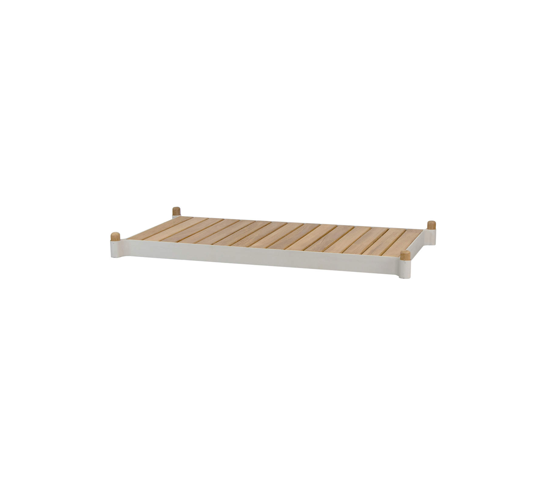 Une étagère en bois à lattes avec des bords lisses et du bois clair, offrant un design minimaliste adapté à divers usages.