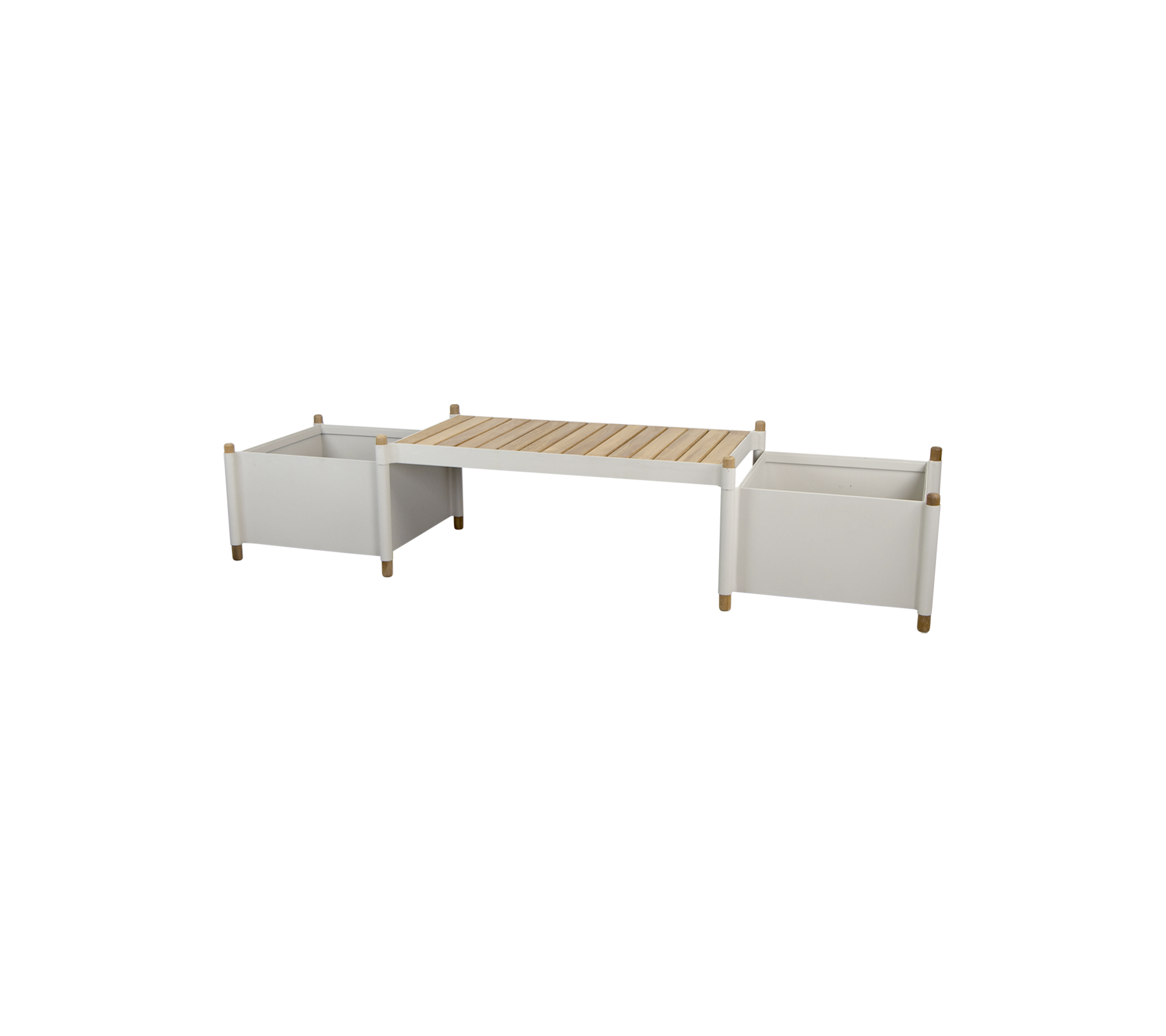 une table de rangement moderne avec deux conteneurs blancs et un dessus en lattes de bois, conçue pour une organisation domestique polyvalente.
