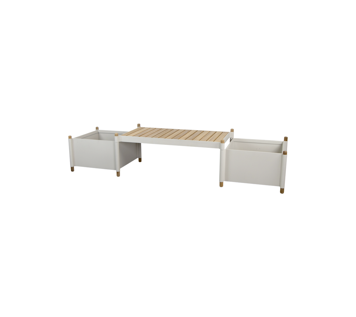 une table de rangement moderne avec deux conteneurs blancs et un dessus en lattes de bois, conçue pour une organisation domestique polyvalente.