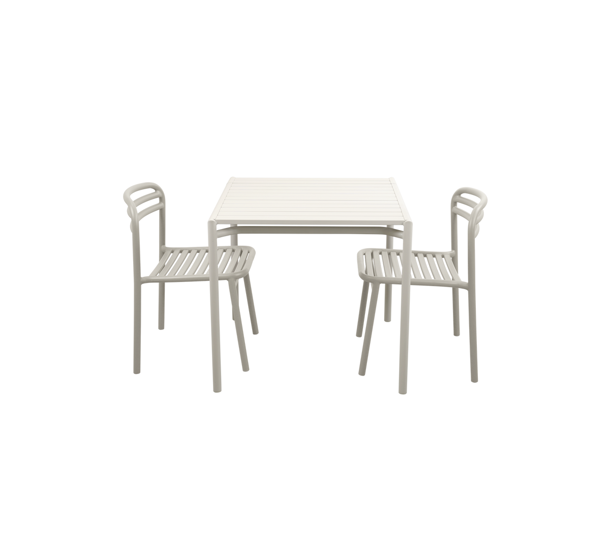 Table minimaliste avec deux chaises assorties, présentant un design simple et une finition de couleur claire.