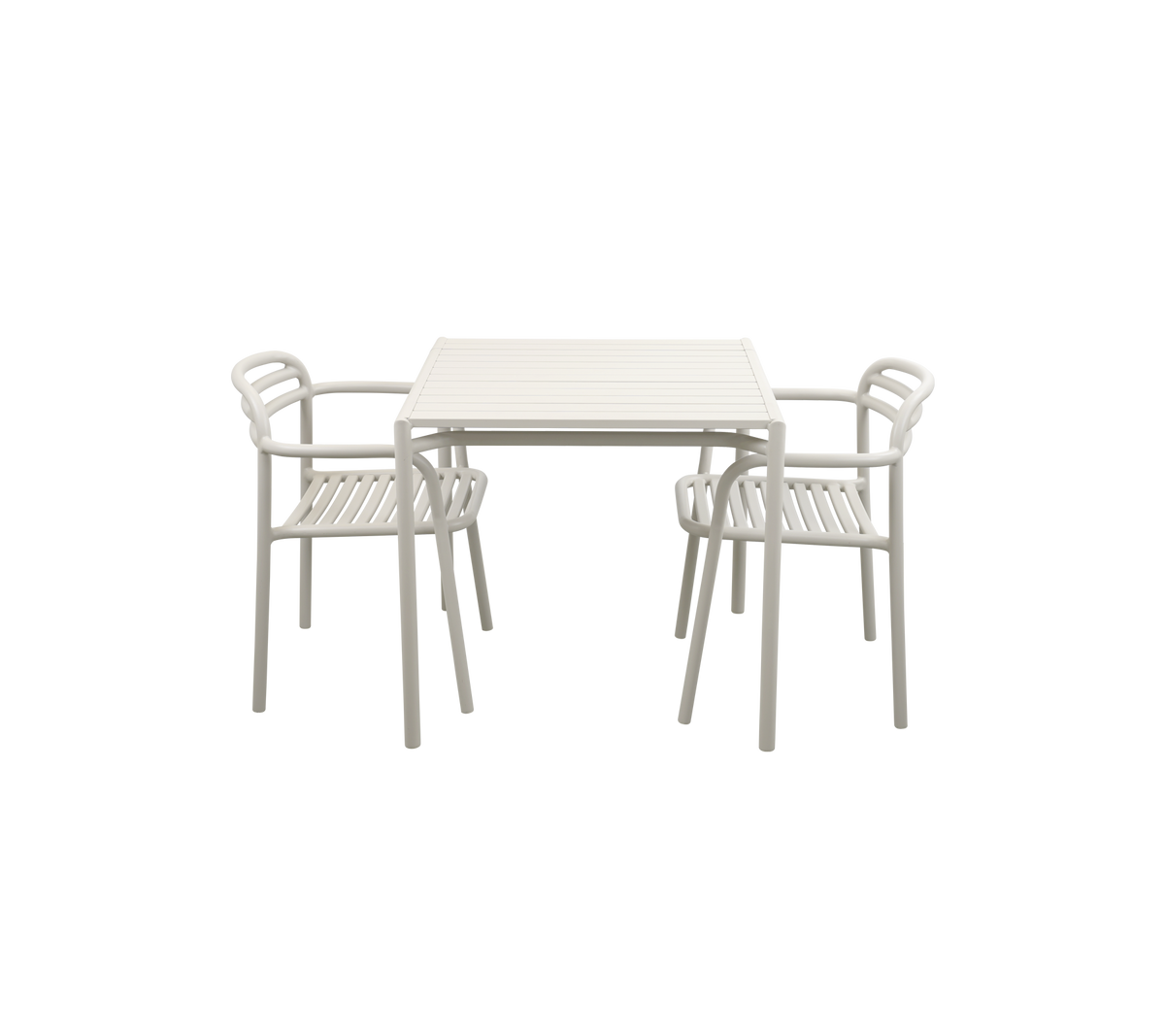 Une table de couleur claire avec deux chaises assorties, dotée d'un design épuré adapté pour des repas décontractés ou des rassemblements.