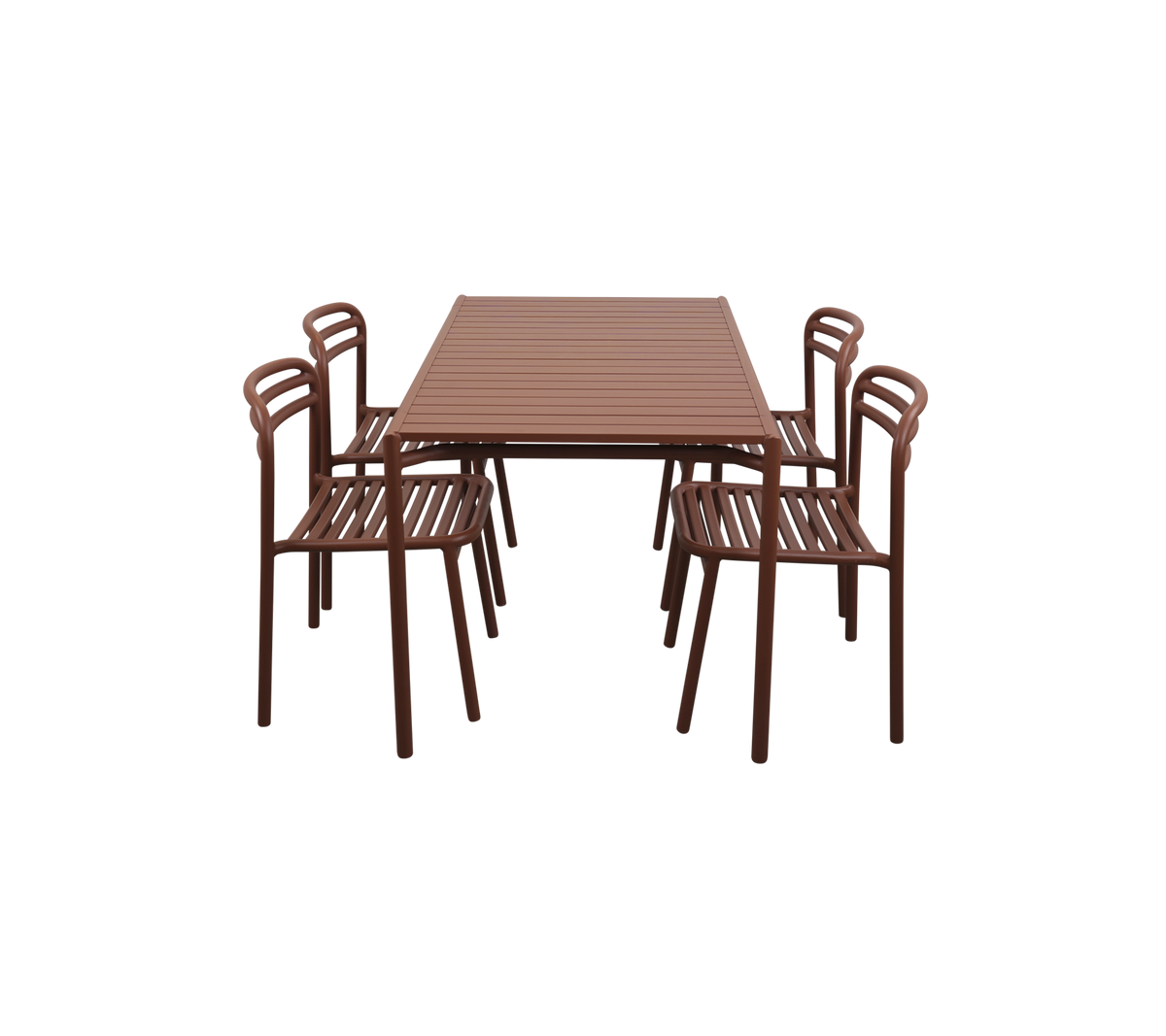 Table rectangulaire avec six chaises assorties, toutes présentant un design élégant en brun et des surfaces rainurées. Idéal pour les repas ou les rassemblements.